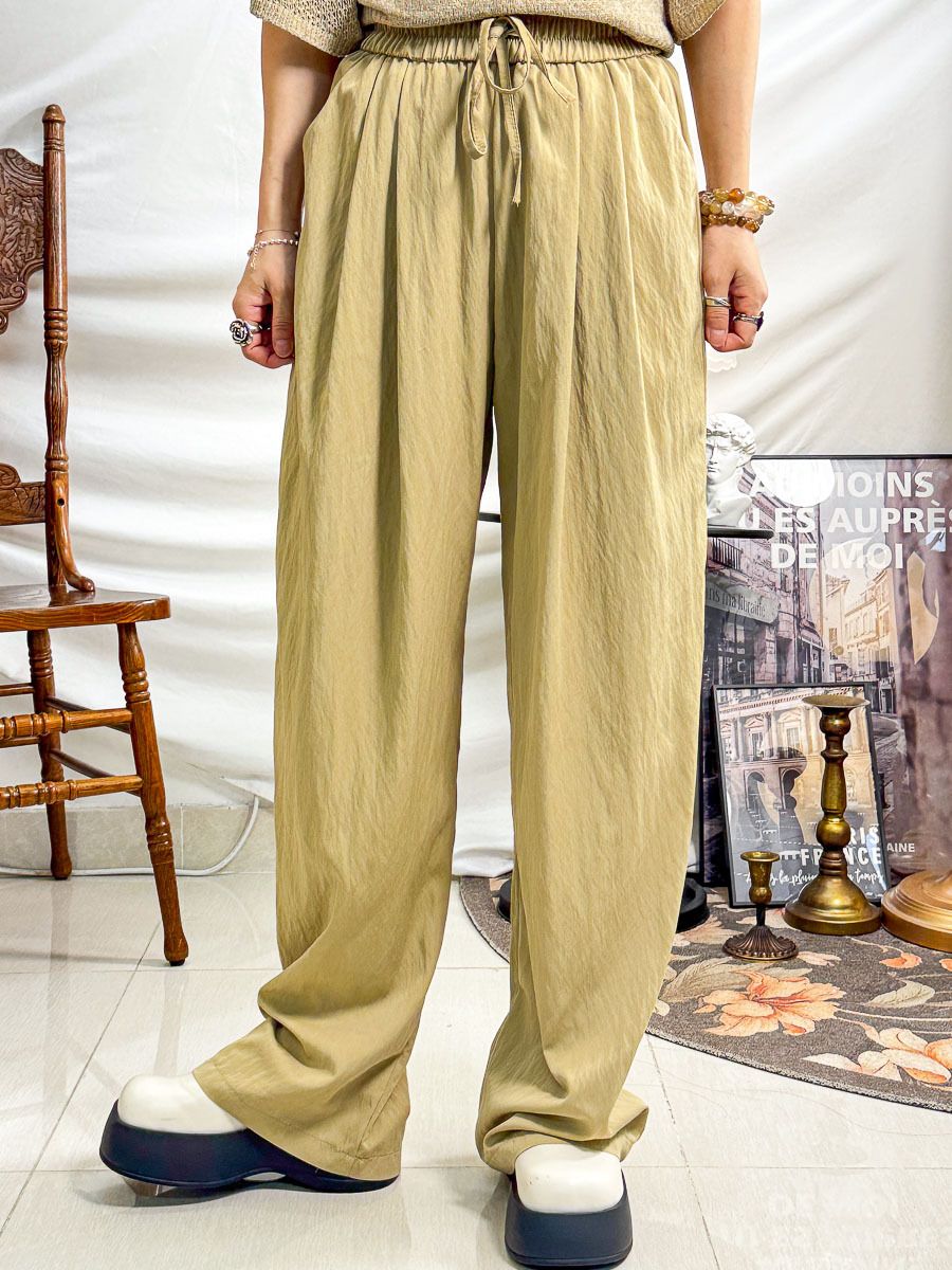 【夏日SUMMER SALE】橡根腰束繩．滑滑扯布料直腳褲 (有袋)【不設退換】【因SUMMER SALE訂單較多，需要7-10個工作天才安排出貨】