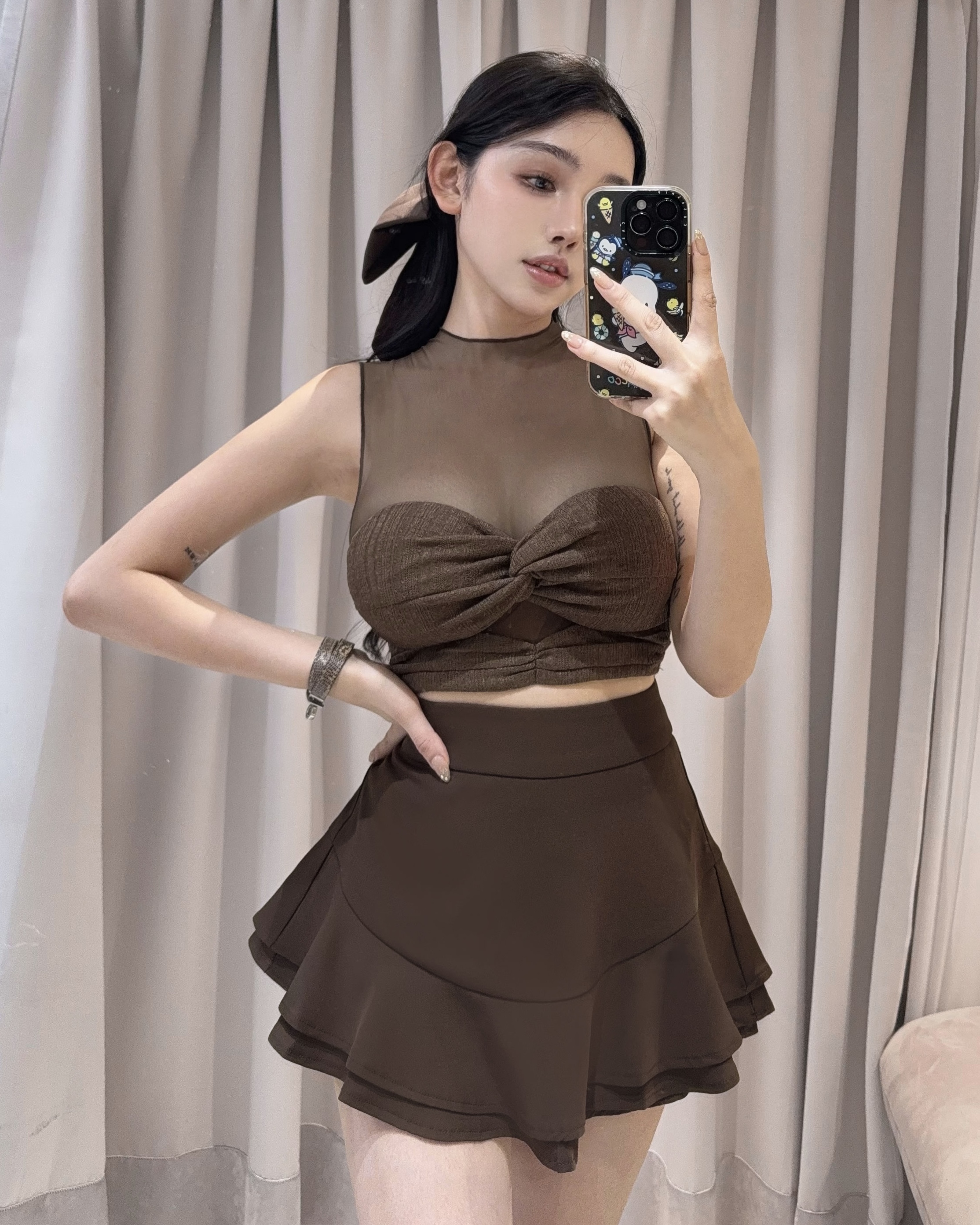 訂製-性感網紗小高領扭轉上衣