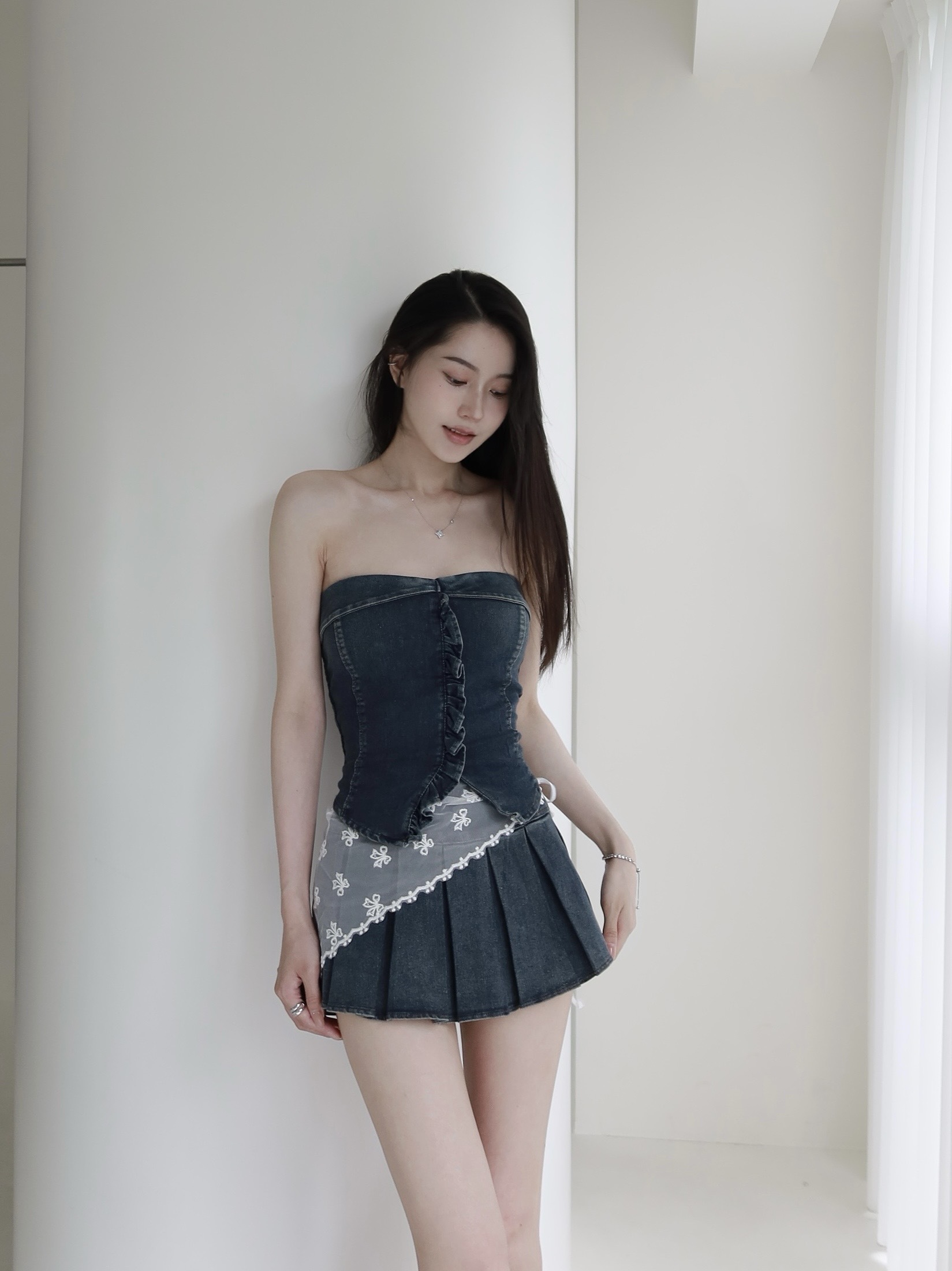 甜辣牛仔平口百褶裙套裝