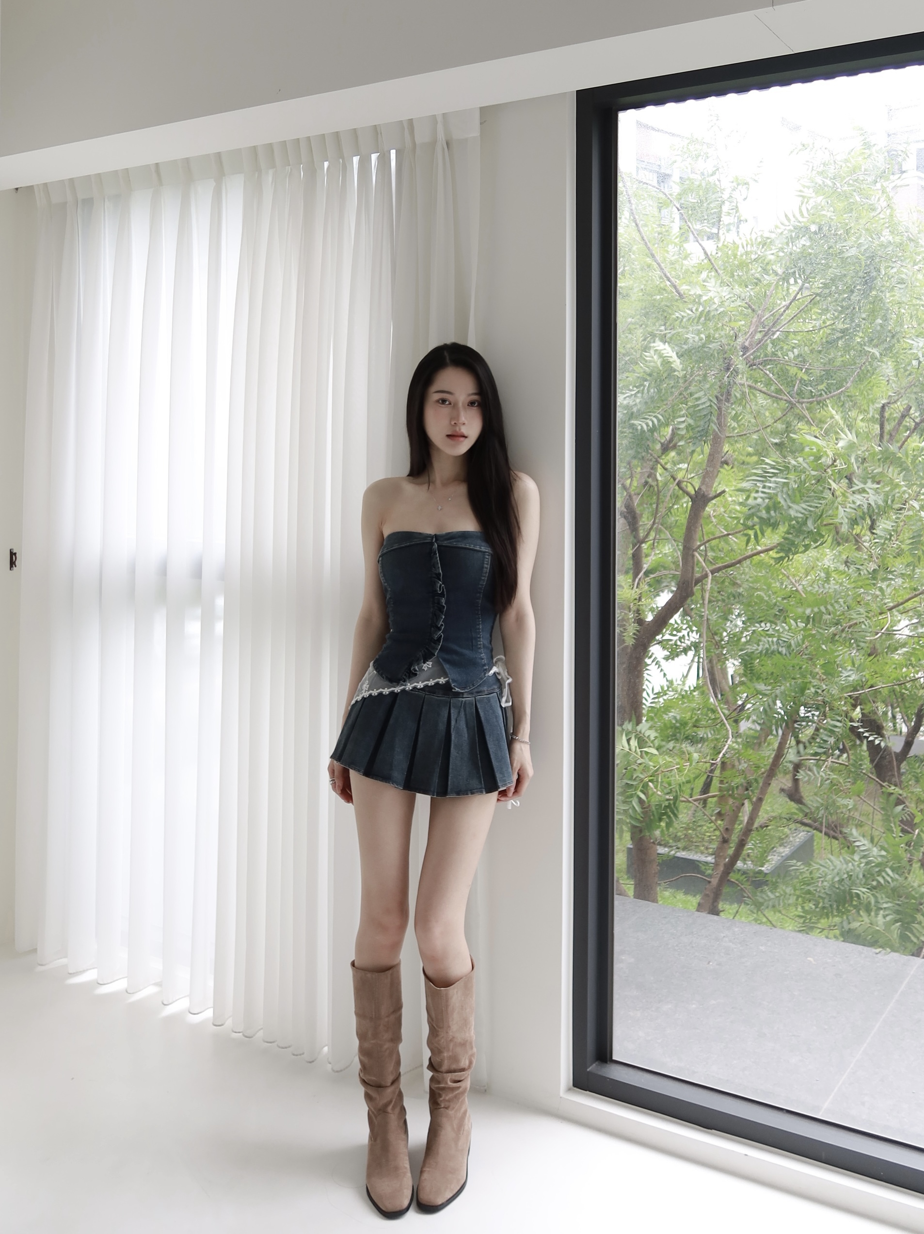 甜辣牛仔平口百褶裙套裝