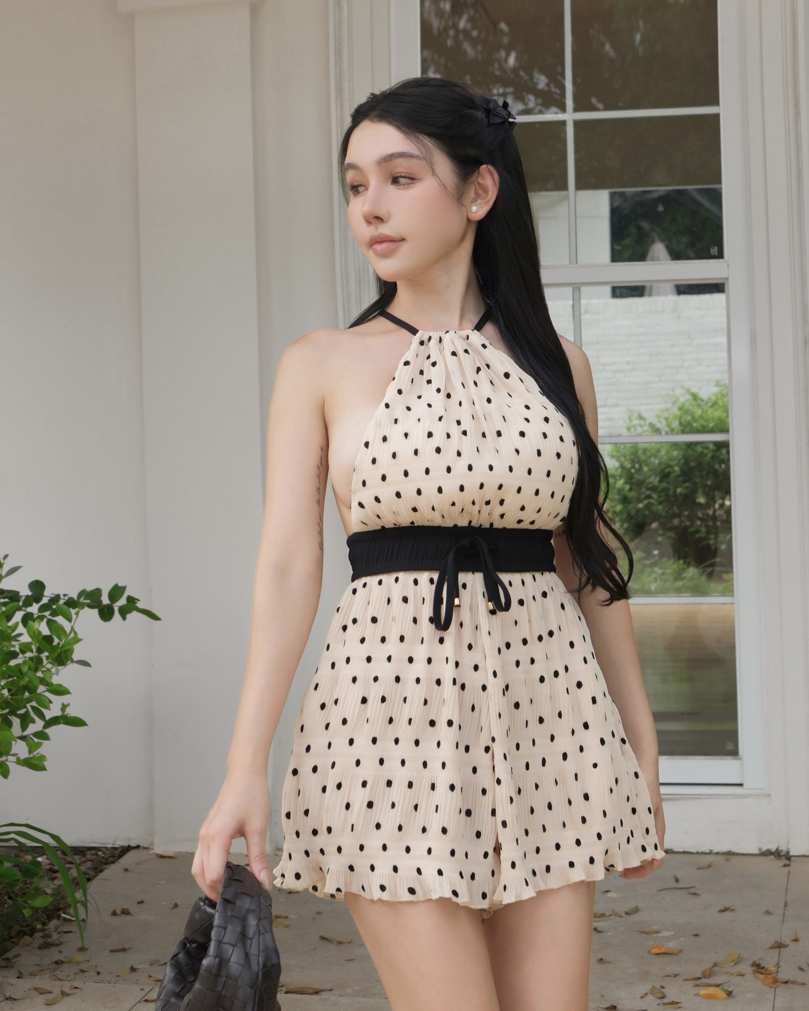 訂製-甜美圓點削肩側露連身短褲