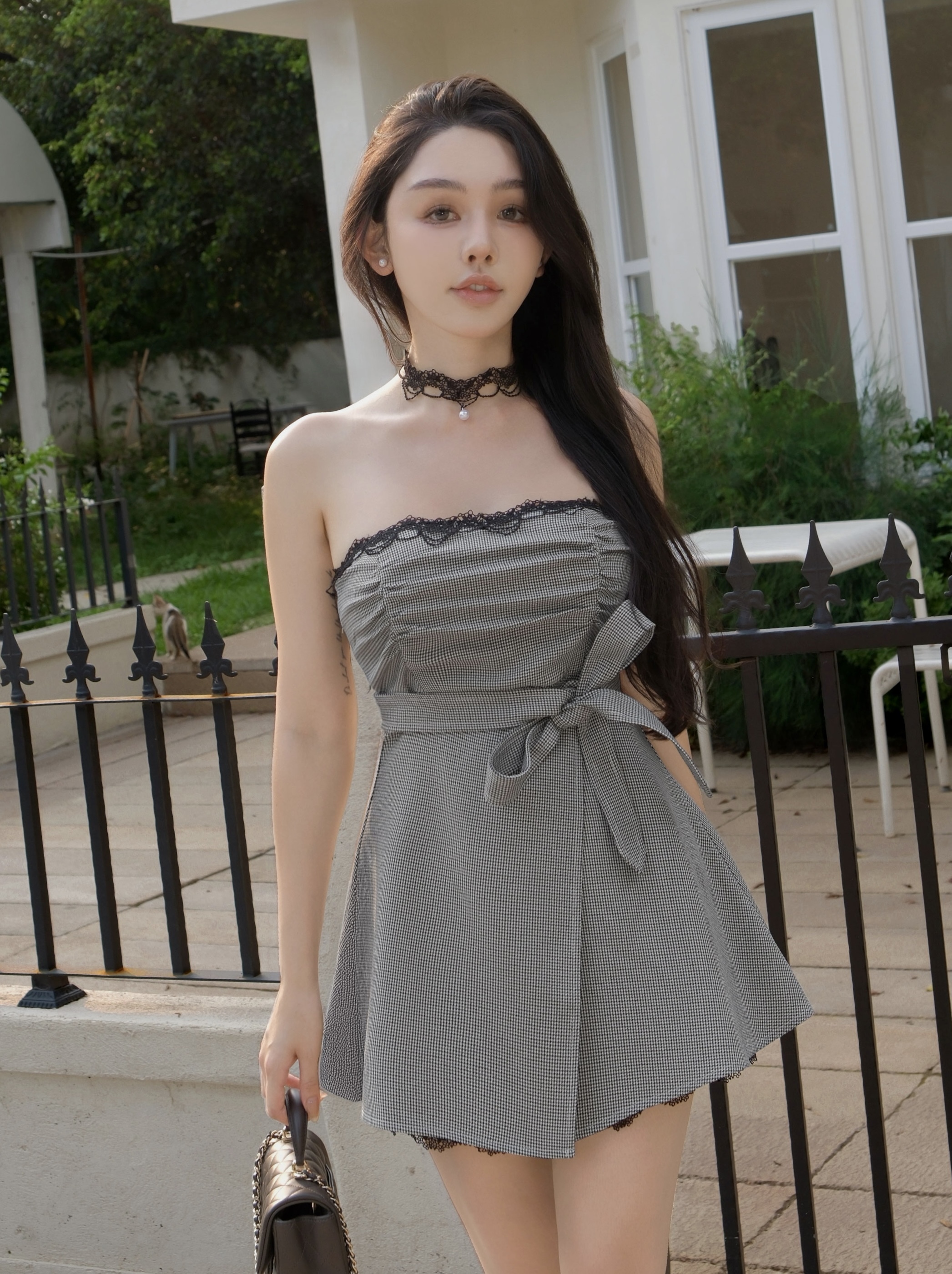 訂製-甜美千鳥格抓皺平口套裝