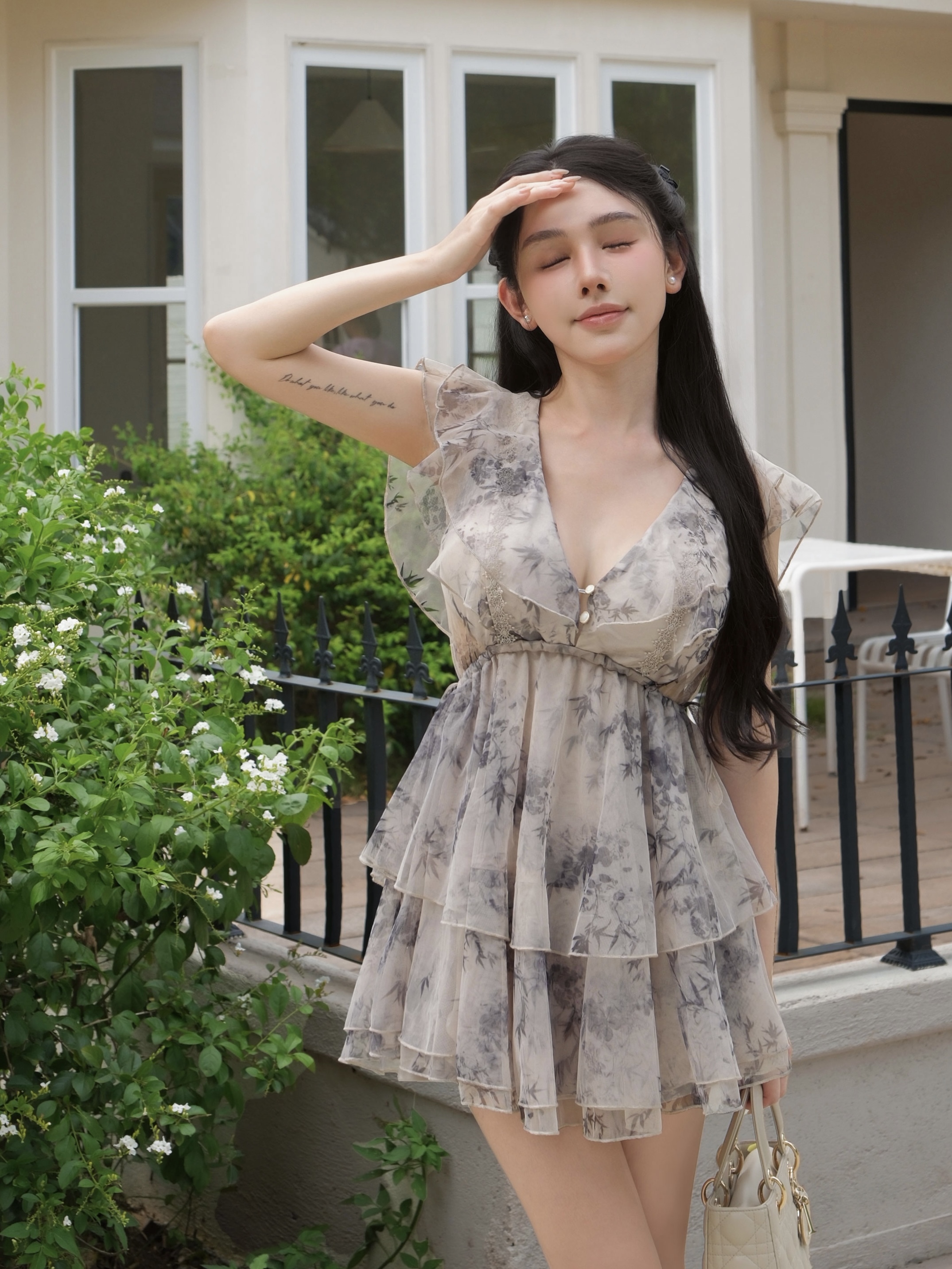 訂製-夢幻水墨印花荷葉雪紡短洋