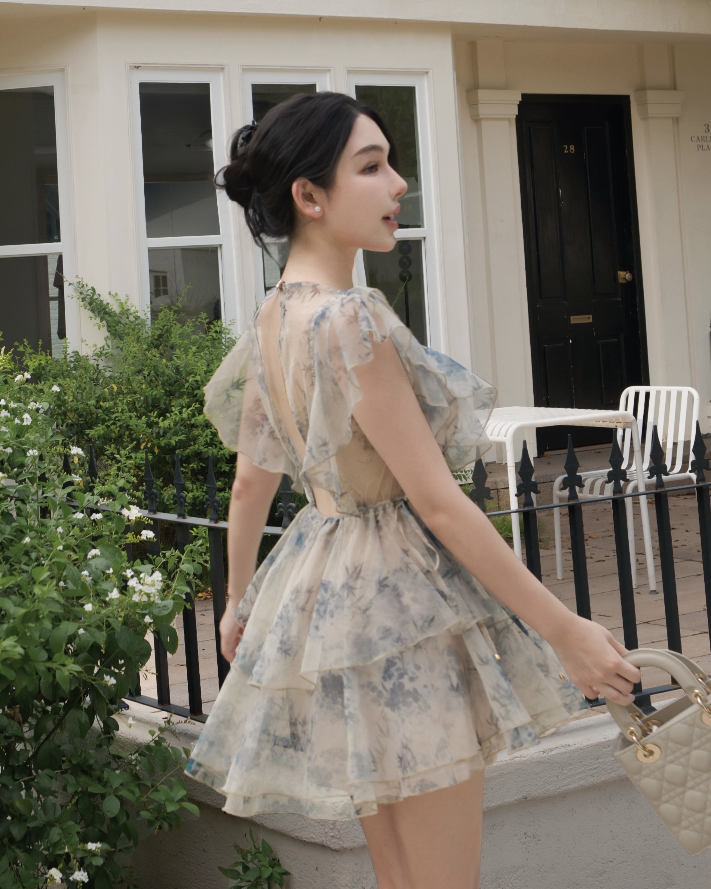 訂製-夢幻水墨印花荷葉雪紡短洋