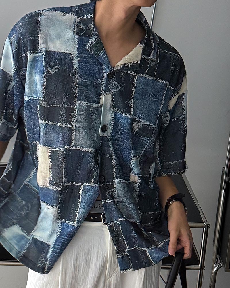 牛仔拼布短袖襯衫