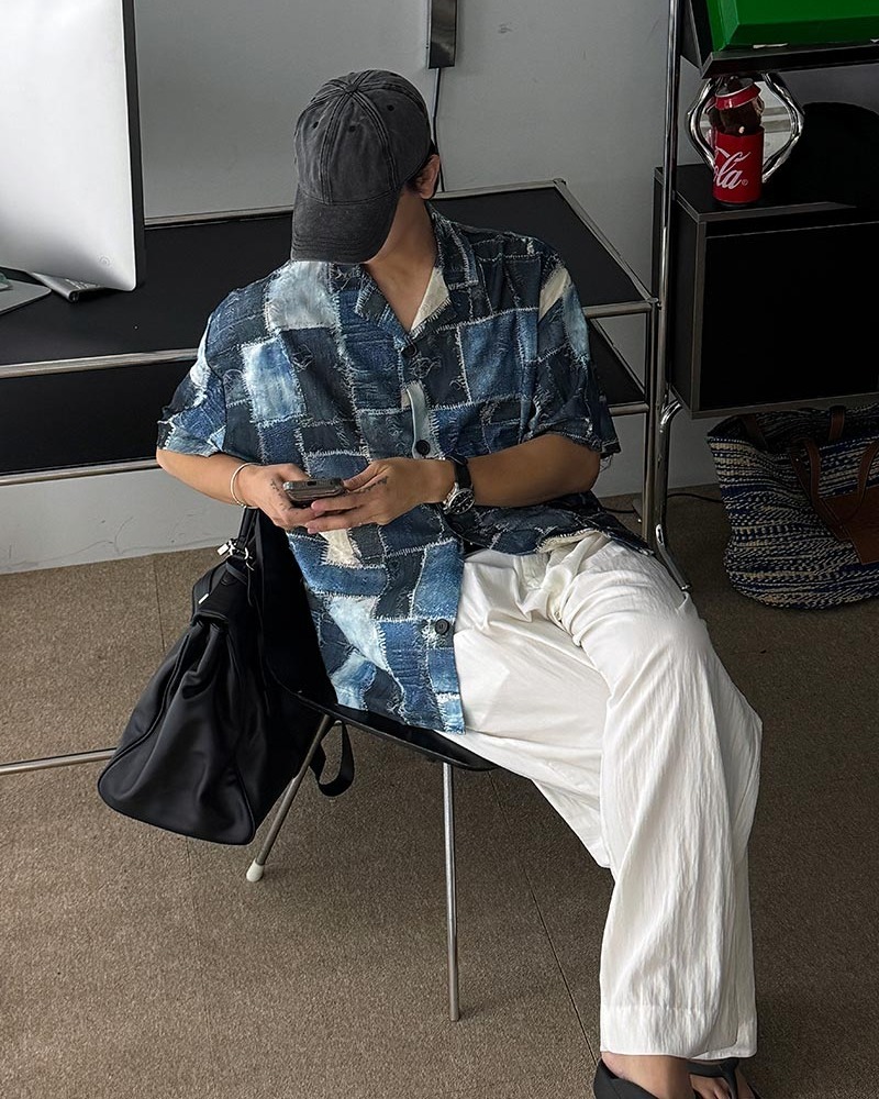 牛仔拼布短袖襯衫