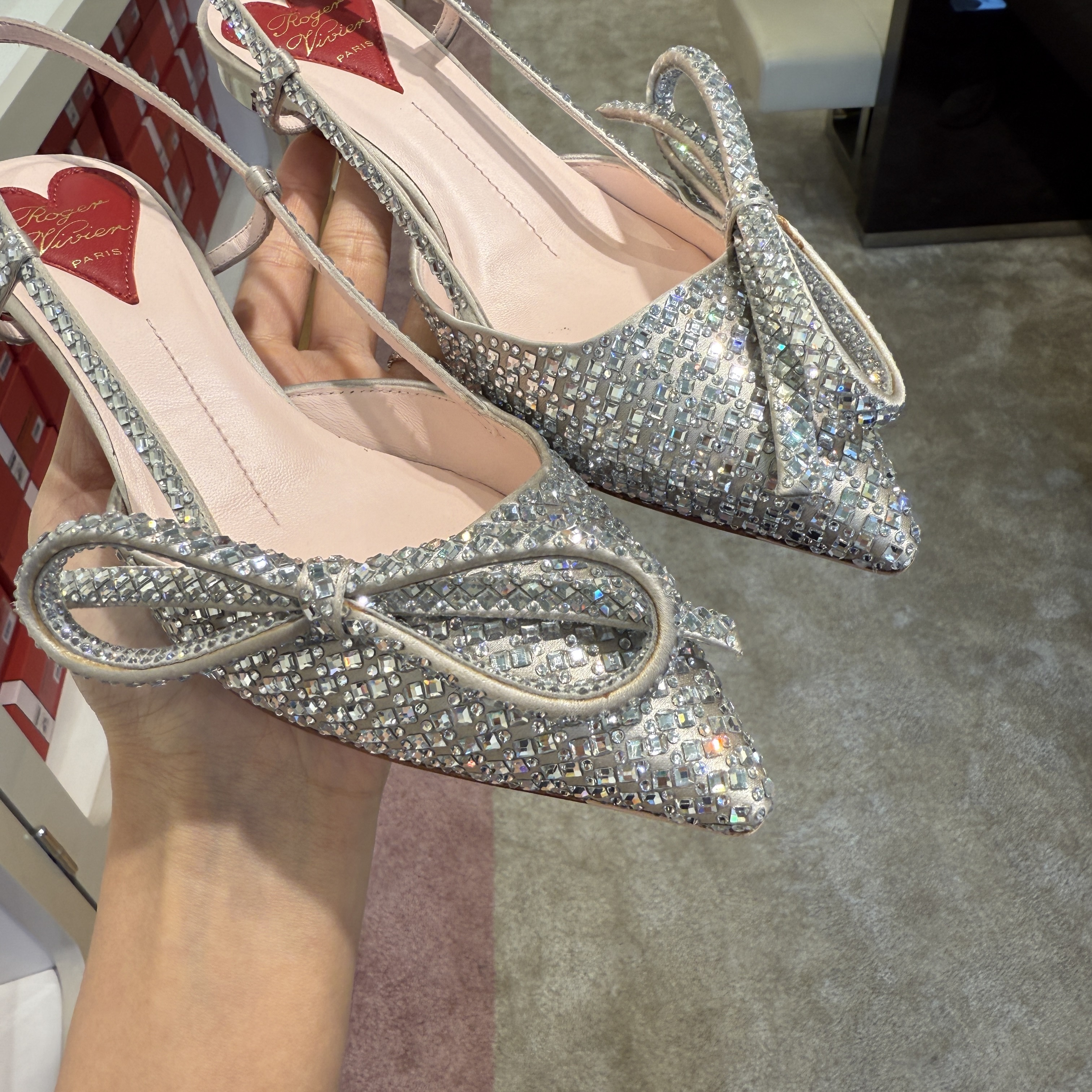 Roger Vivier RV Virgule Bow Bling Slingback Pumps in Satin Silver