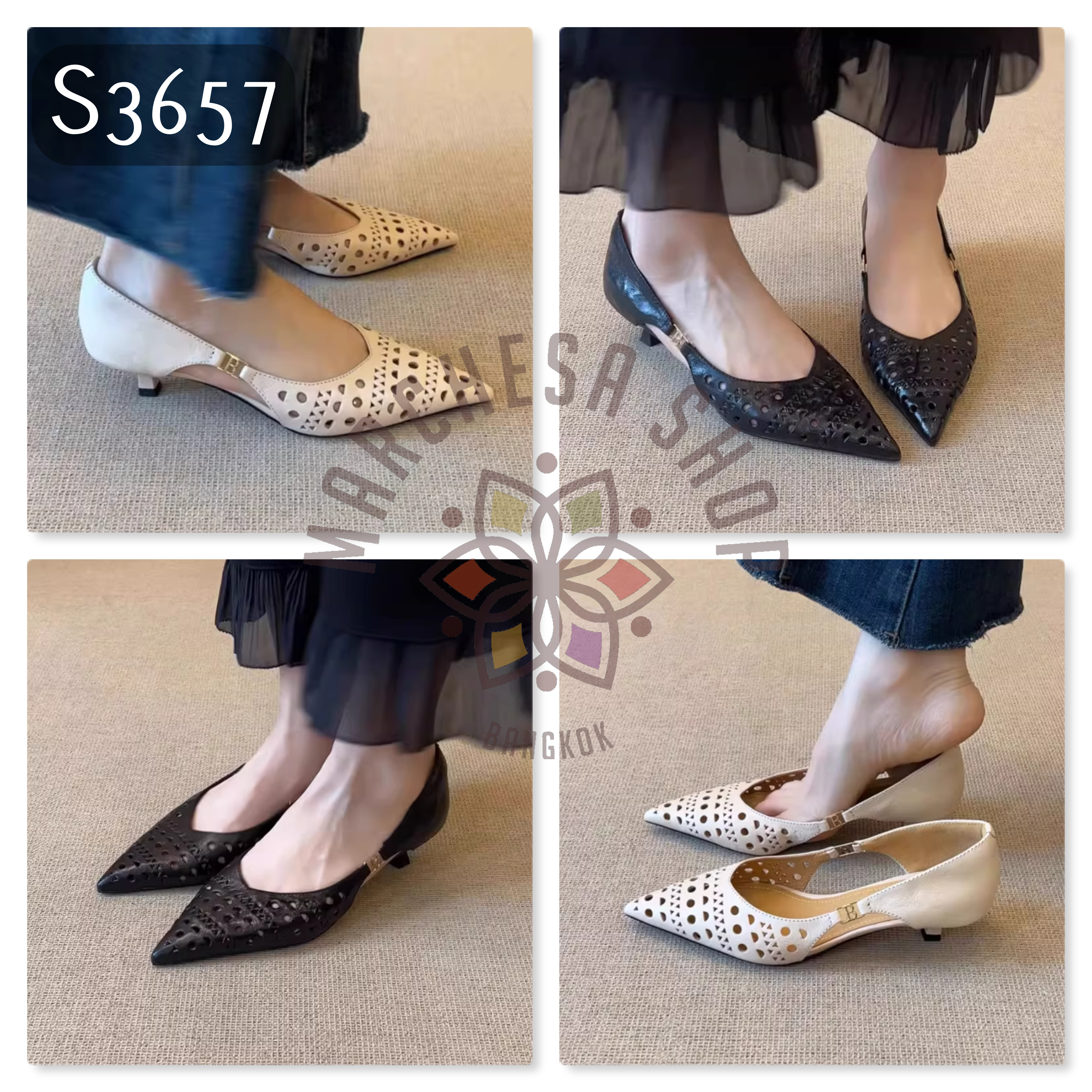 S3657 - 牛皮中空雕花尖頭低踭鞋