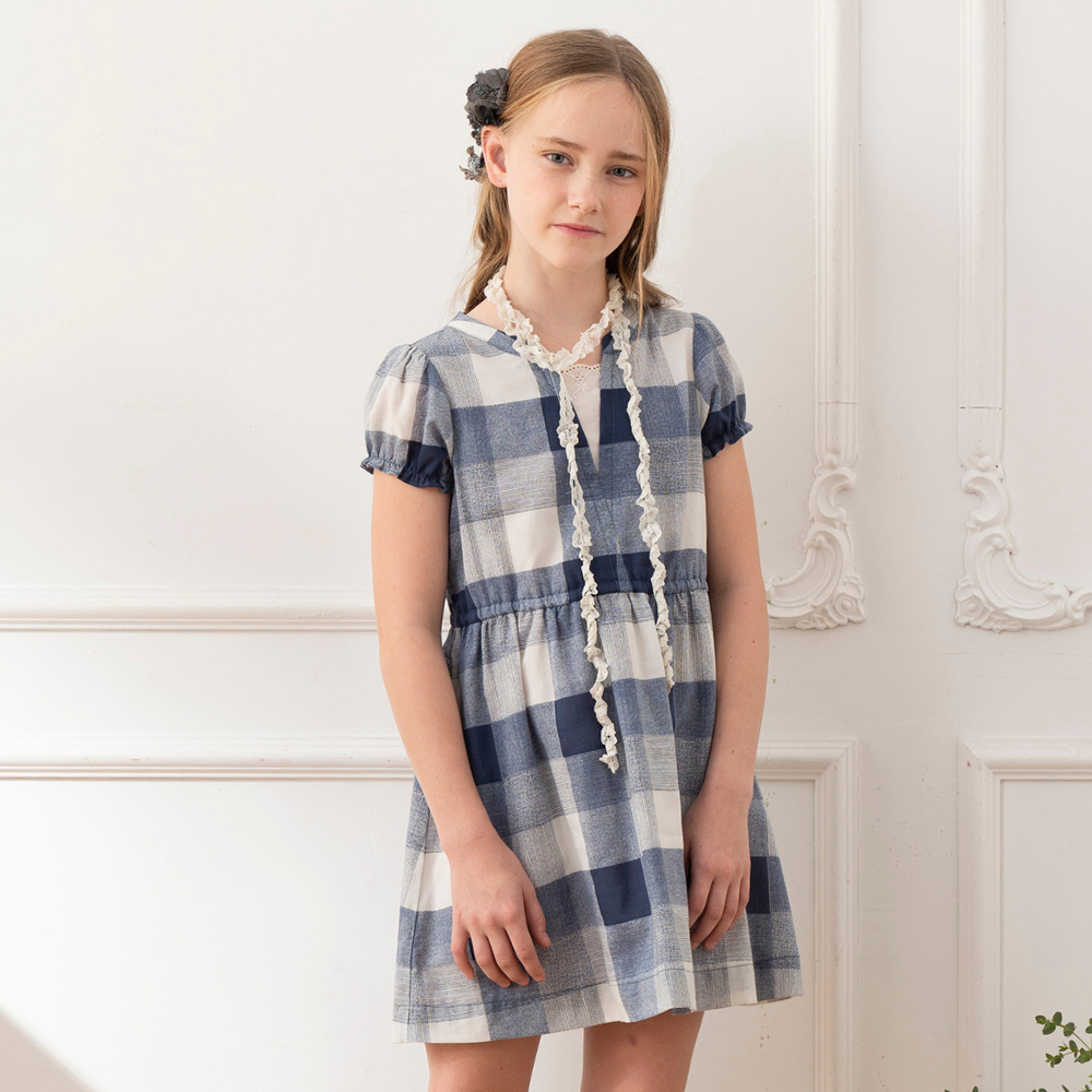 PIPPY 氣質格紋純棉連身裙洋裝 藍