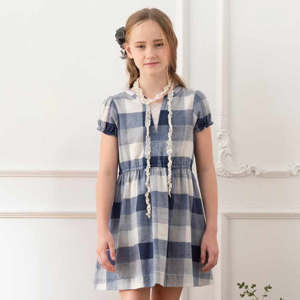 PIPPY 氣質格紋純棉連身裙洋裝 藍