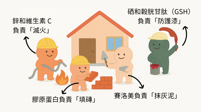 鋅和維生素 C 負責「滅火」，膠原蛋白負責「填磚」，賽洛美負責「抹灰泥」，而硒和穀胱甘肽（GSH）則像是「防護漆」。