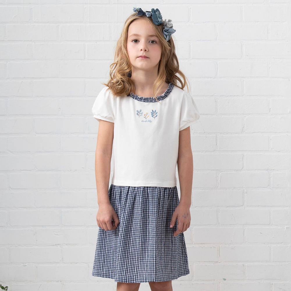 PIPPY純棉剪接格紋假兩件連身裙洋裝 藍