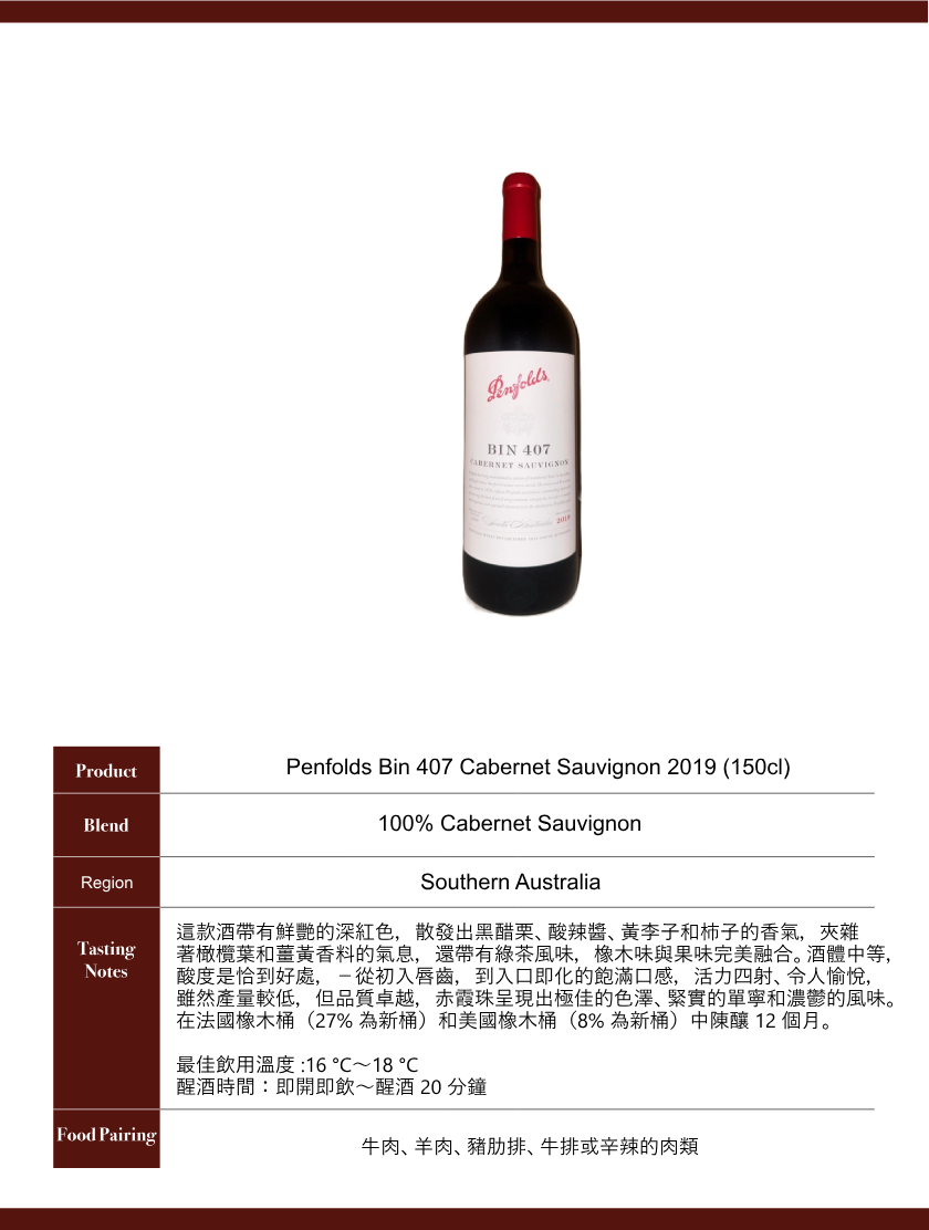 Penfolds Bin 407 Cabernet Sauvignon 2019 (1500ml)