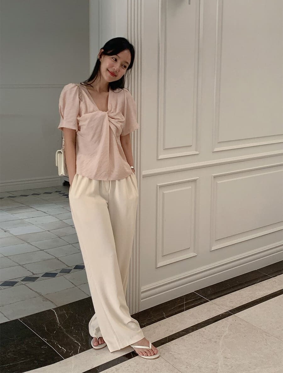 韓國Cherrykoko授權 日常柔光荷葉休閒直筒鬆緊寬褲