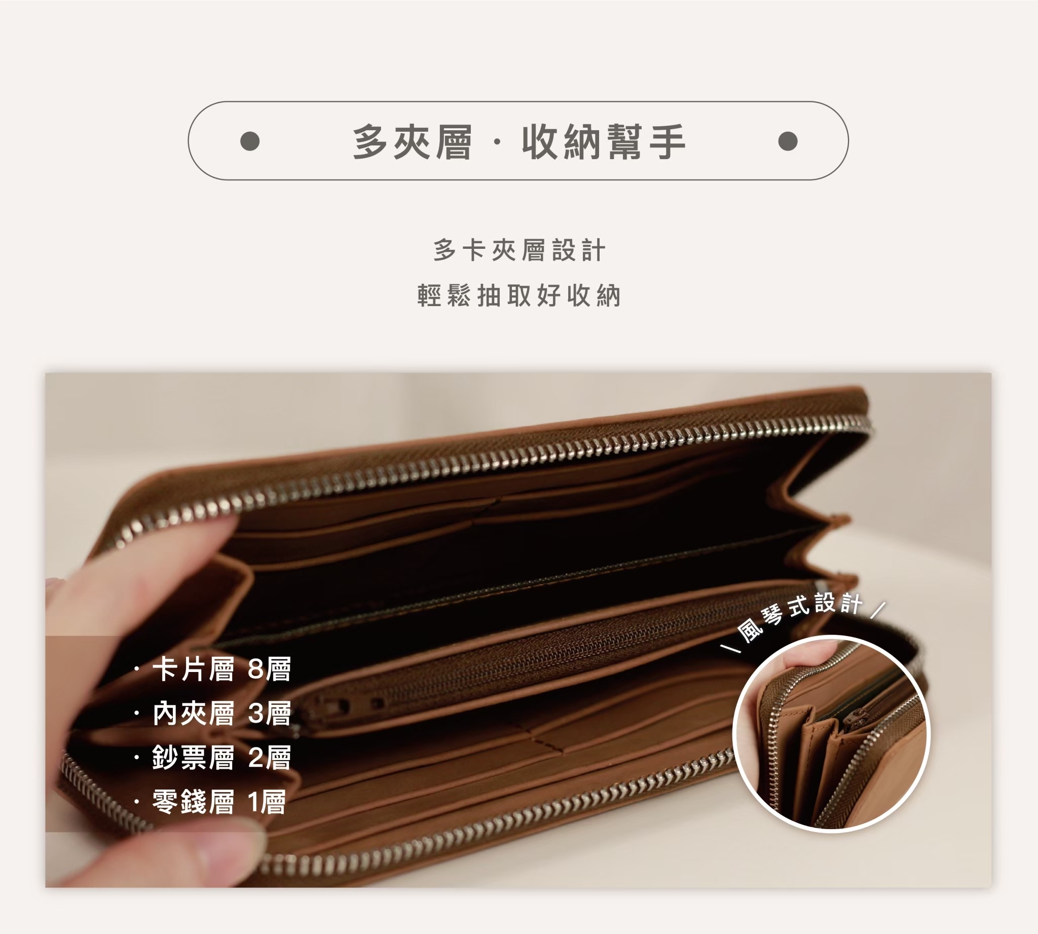 專屬拉鍊零錢袋,避免零散硬幣掉落困擾