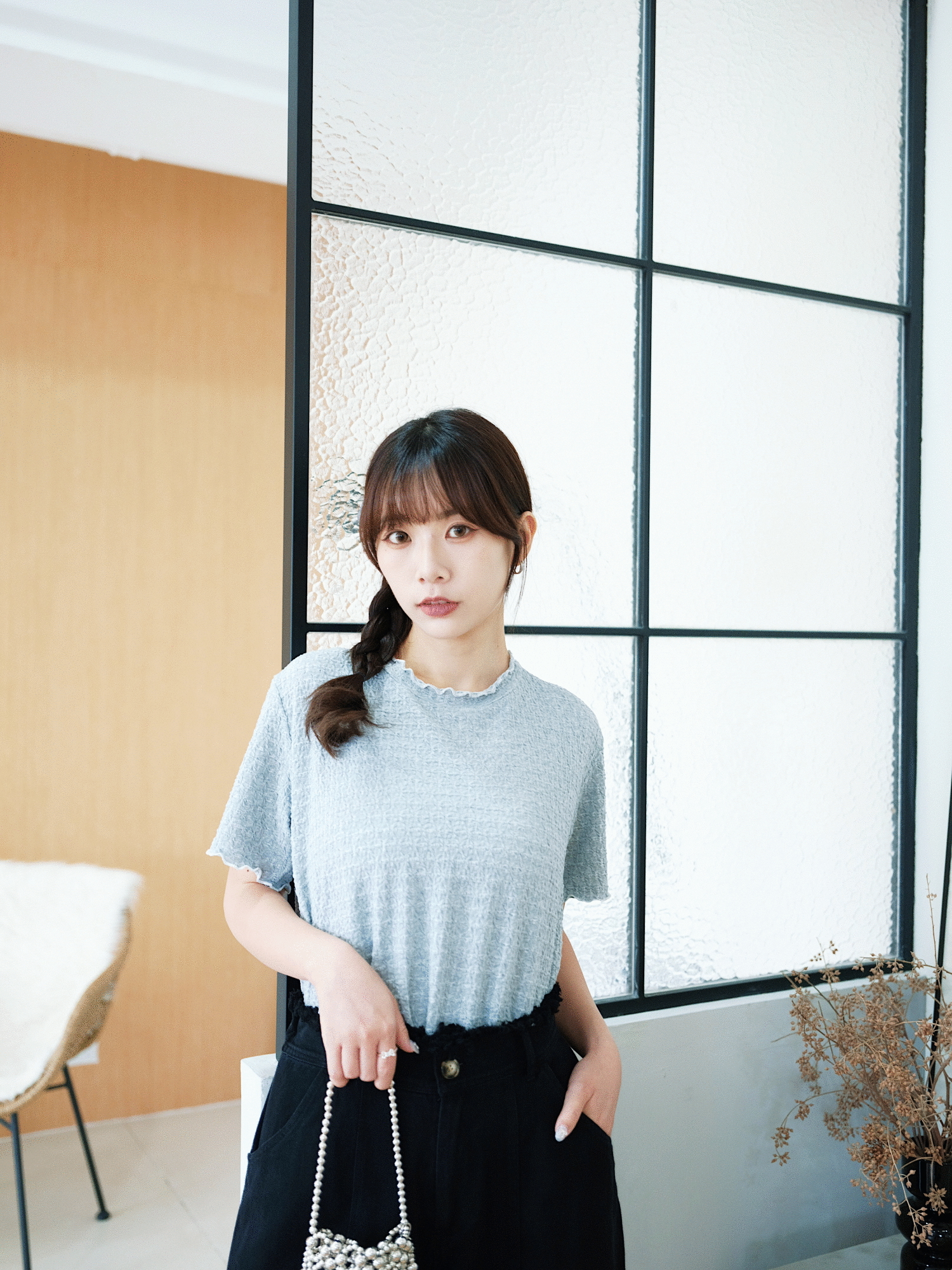 三色 / 壓花滾邊短袖上衣 / Embossed Lettuce Edge Tee