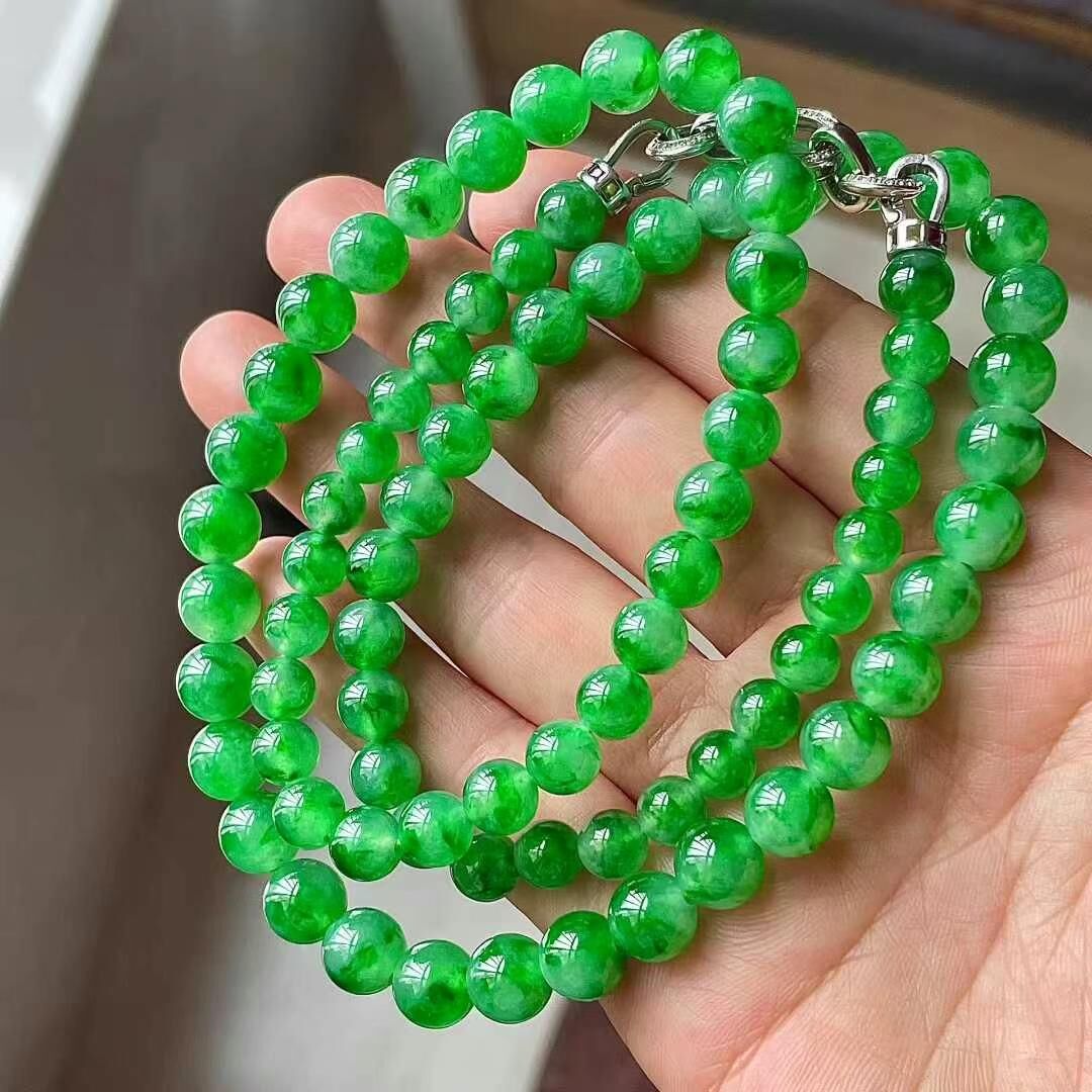 翡翠冰辣綠珠鏈 (6.6-7.8mm直徑),天然翡翠A玉, 緬甸玉, Jade, Jadeite