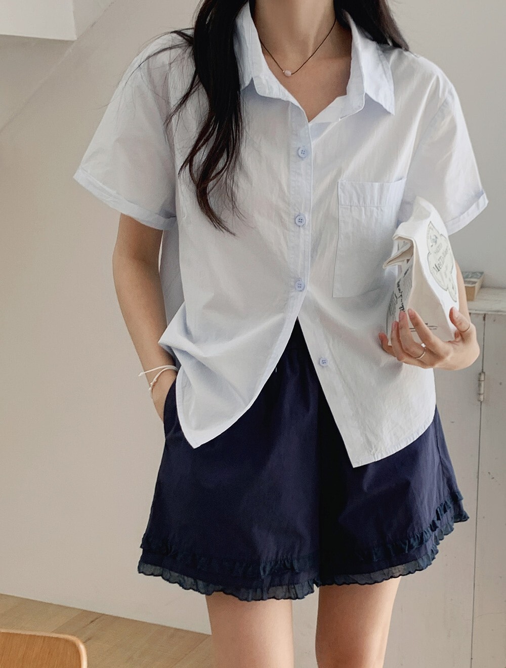 韓國grace muse授權 課後日常挺版口袋寬袖純色襯衫