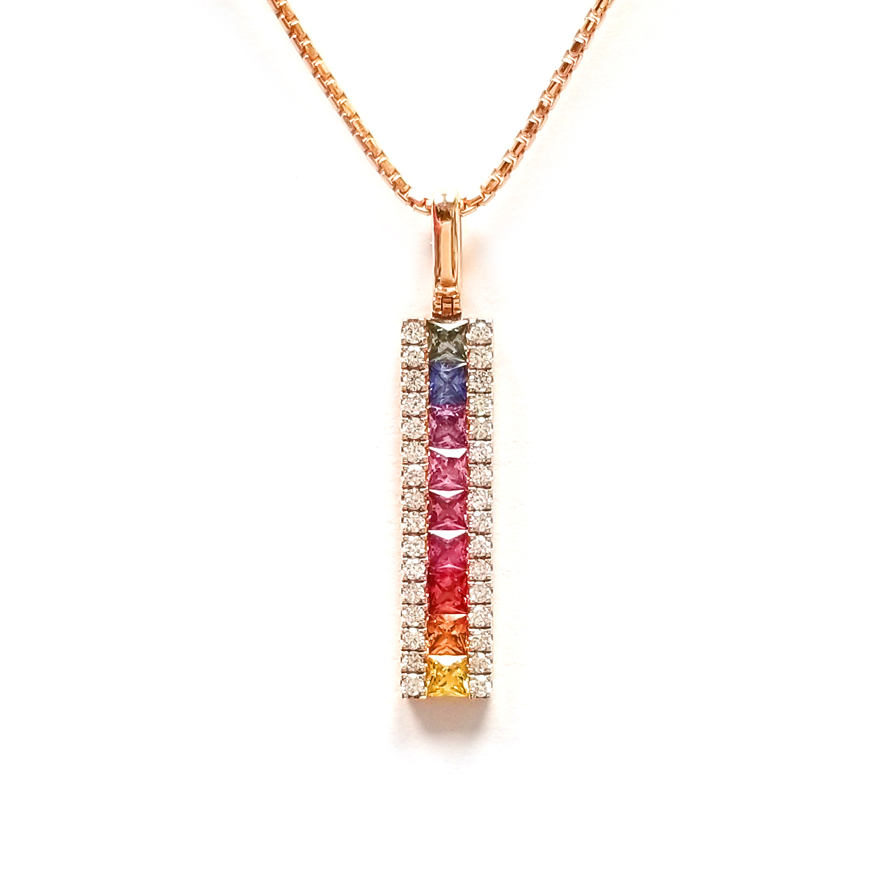 18K玫瑰金天然鑽石直身彩色藍寶石吊墜
