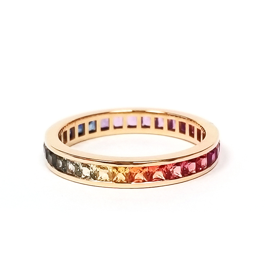 18K黃金公主方全圈彩色藍寶石戒指