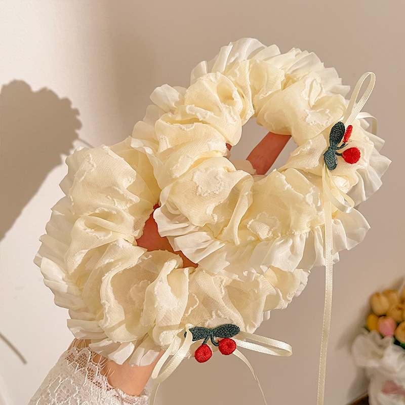 [2 FOR RM10] Sweet Embroidered Cherry Bow Scrunchies