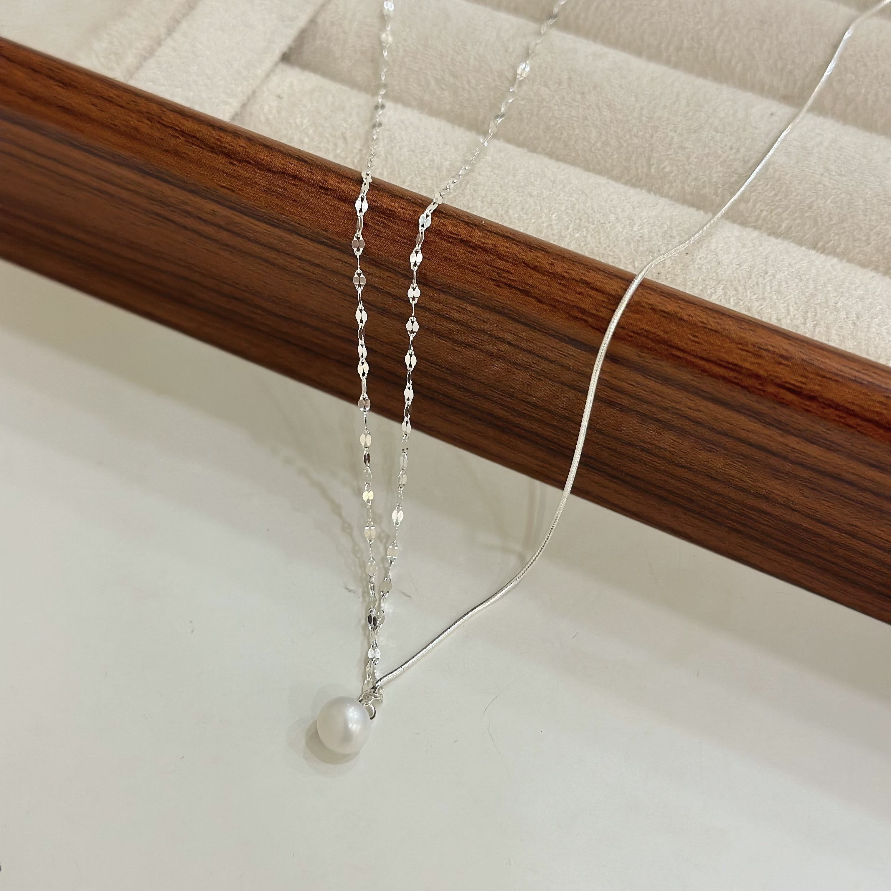 C317蛇骨雙鏈珍珠純銀鎖骨鏈