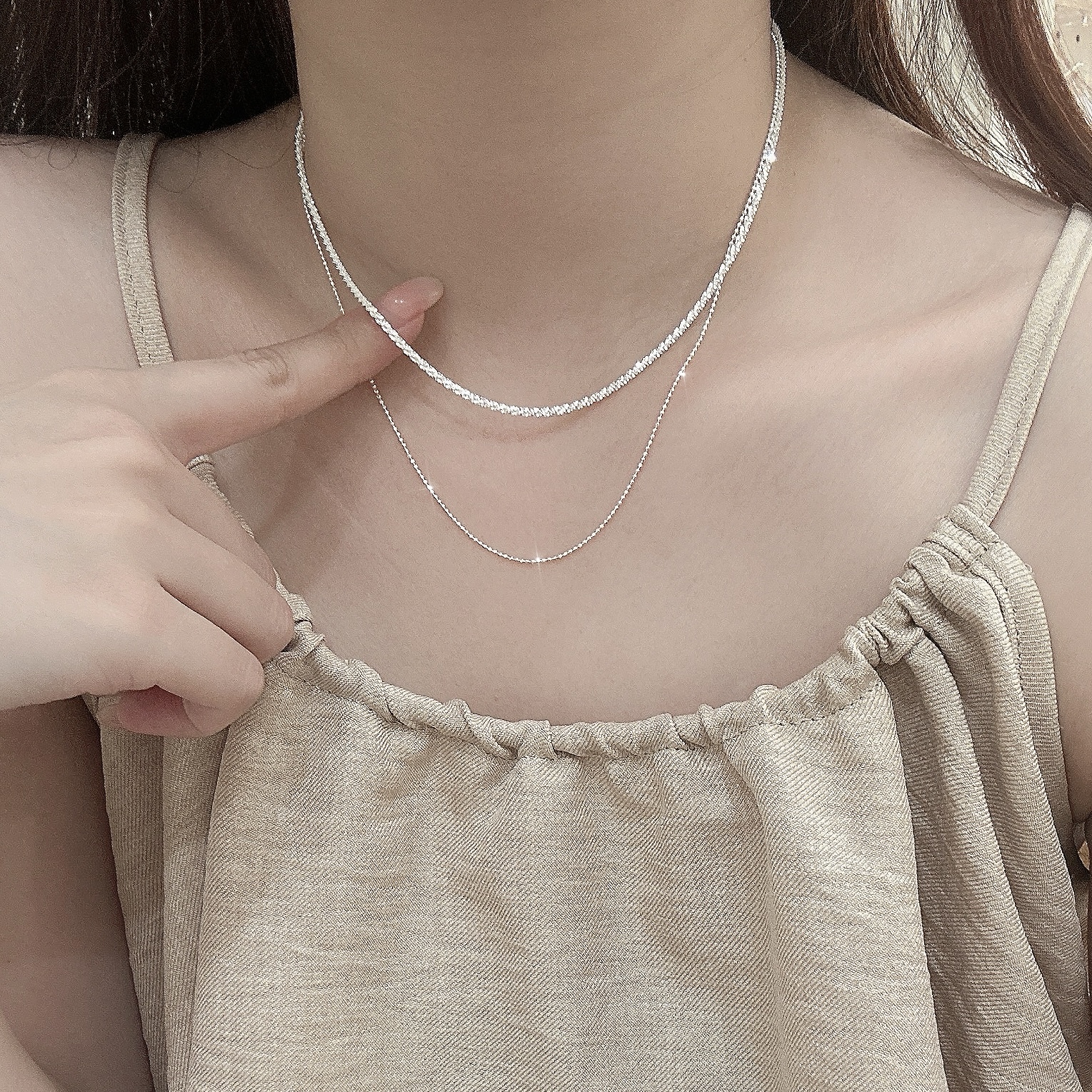 C316圓珠波光粼粼雙層純銀鎖骨鏈