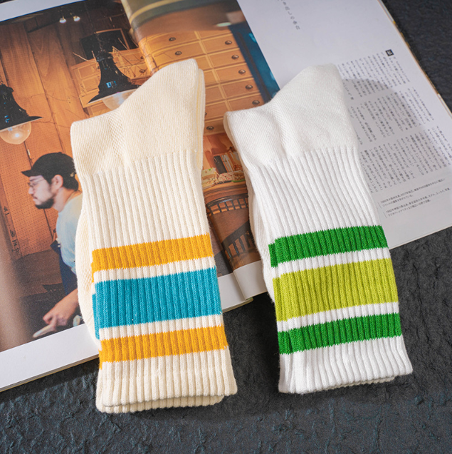 夏日清新雙色條紋毛巾底中筒襪