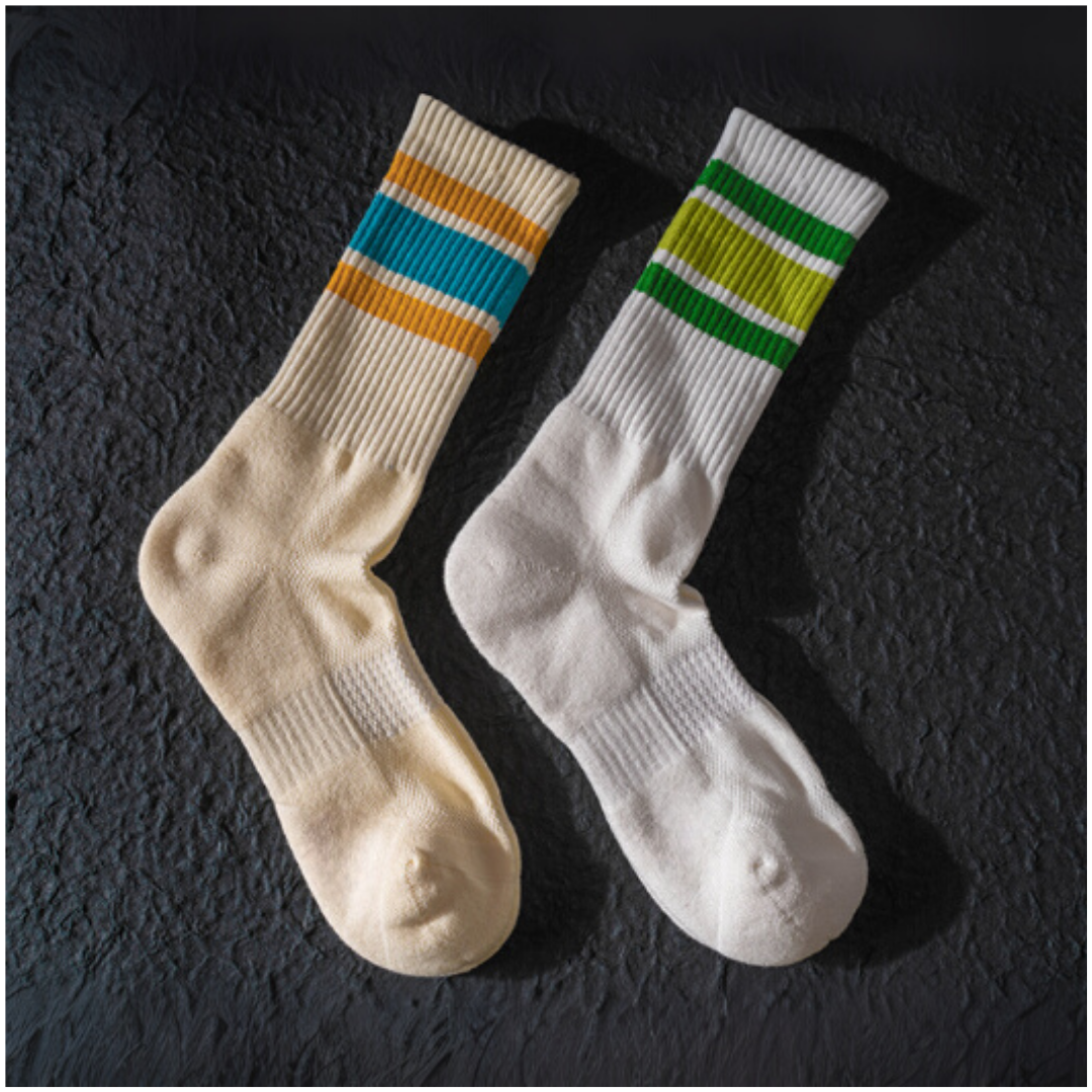 夏日清新雙色條紋毛巾底中筒襪