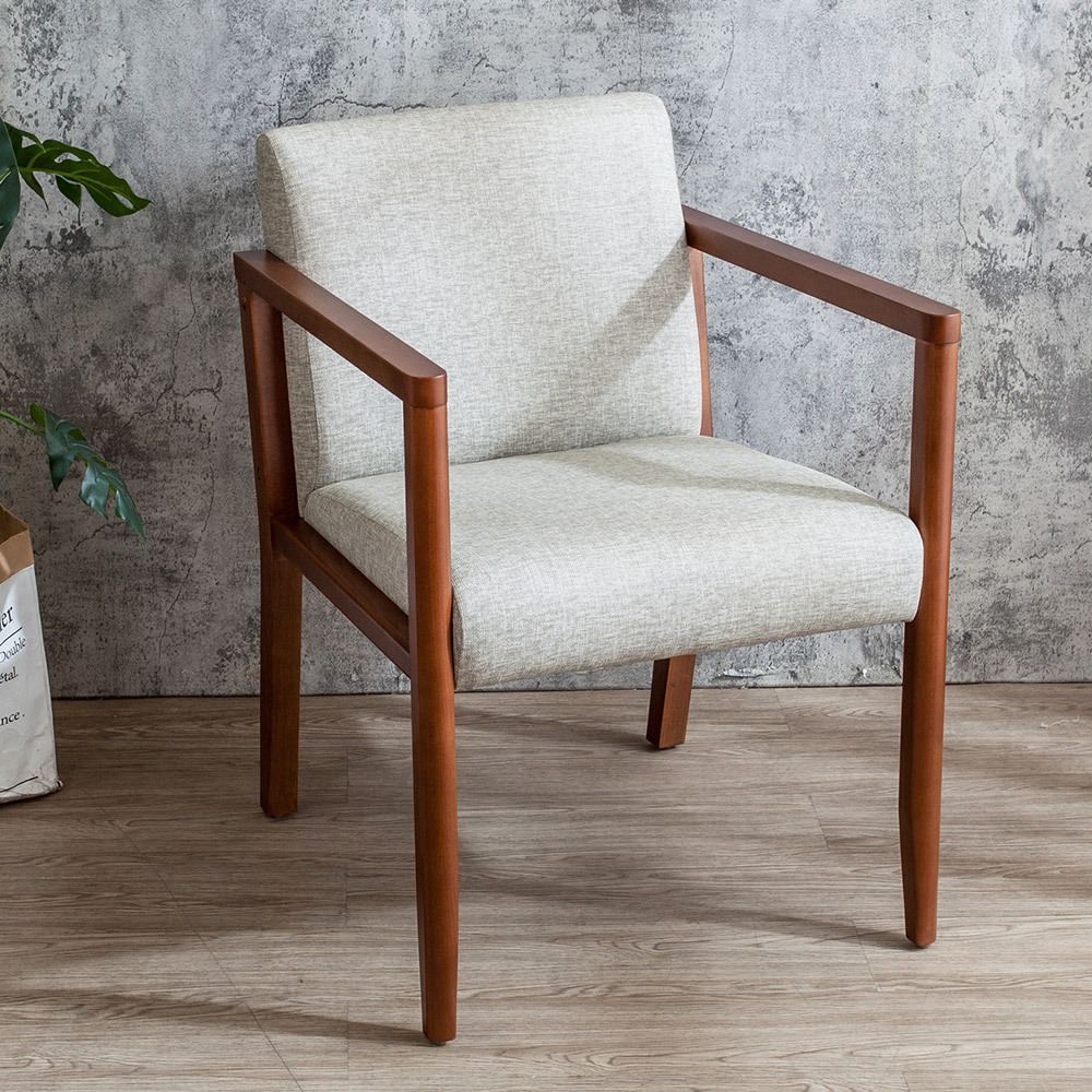 瓦薩灰色布紋皮革實木餐椅/單椅-胡桃色