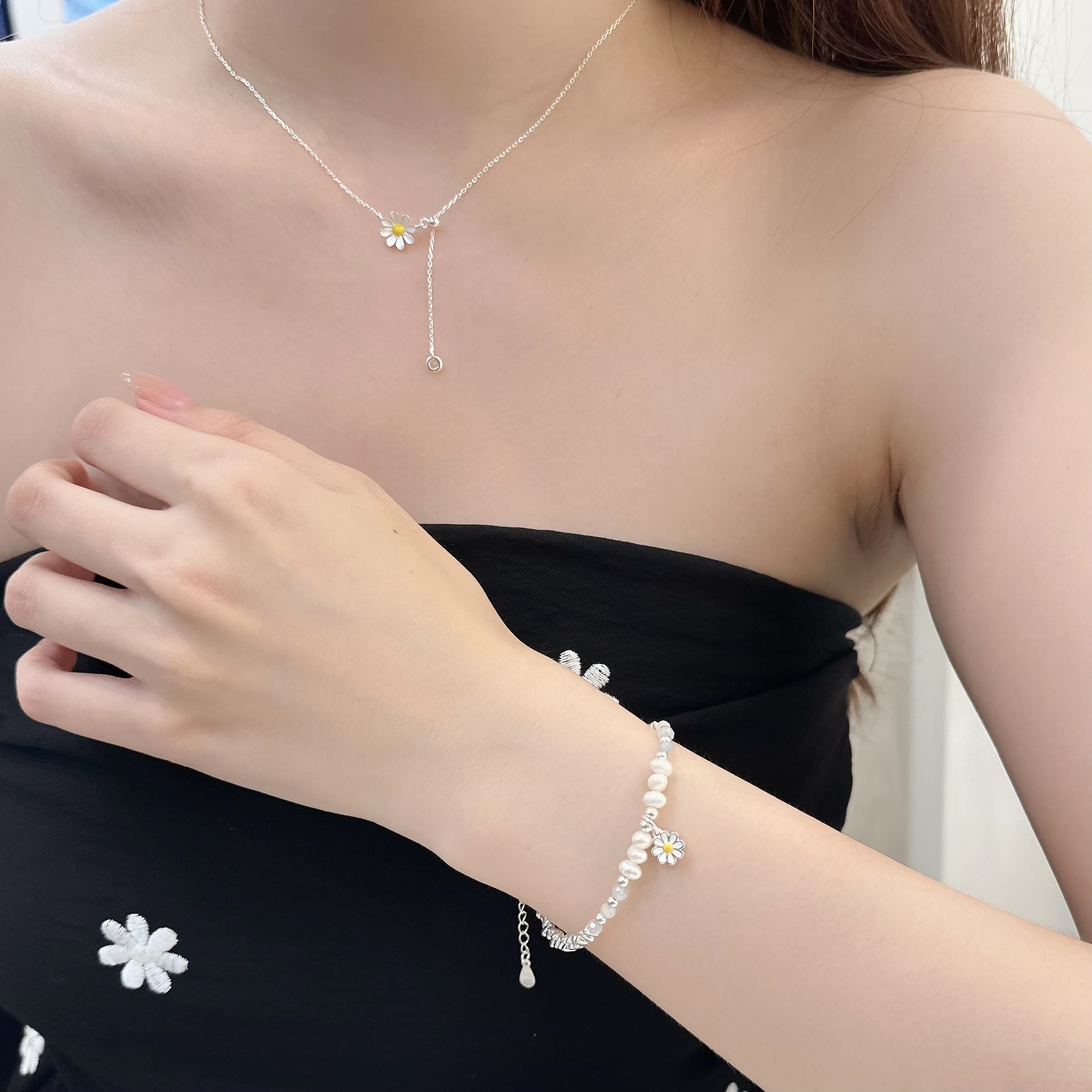 C302碎銀珍珠雛菊水晶純銀手鍊