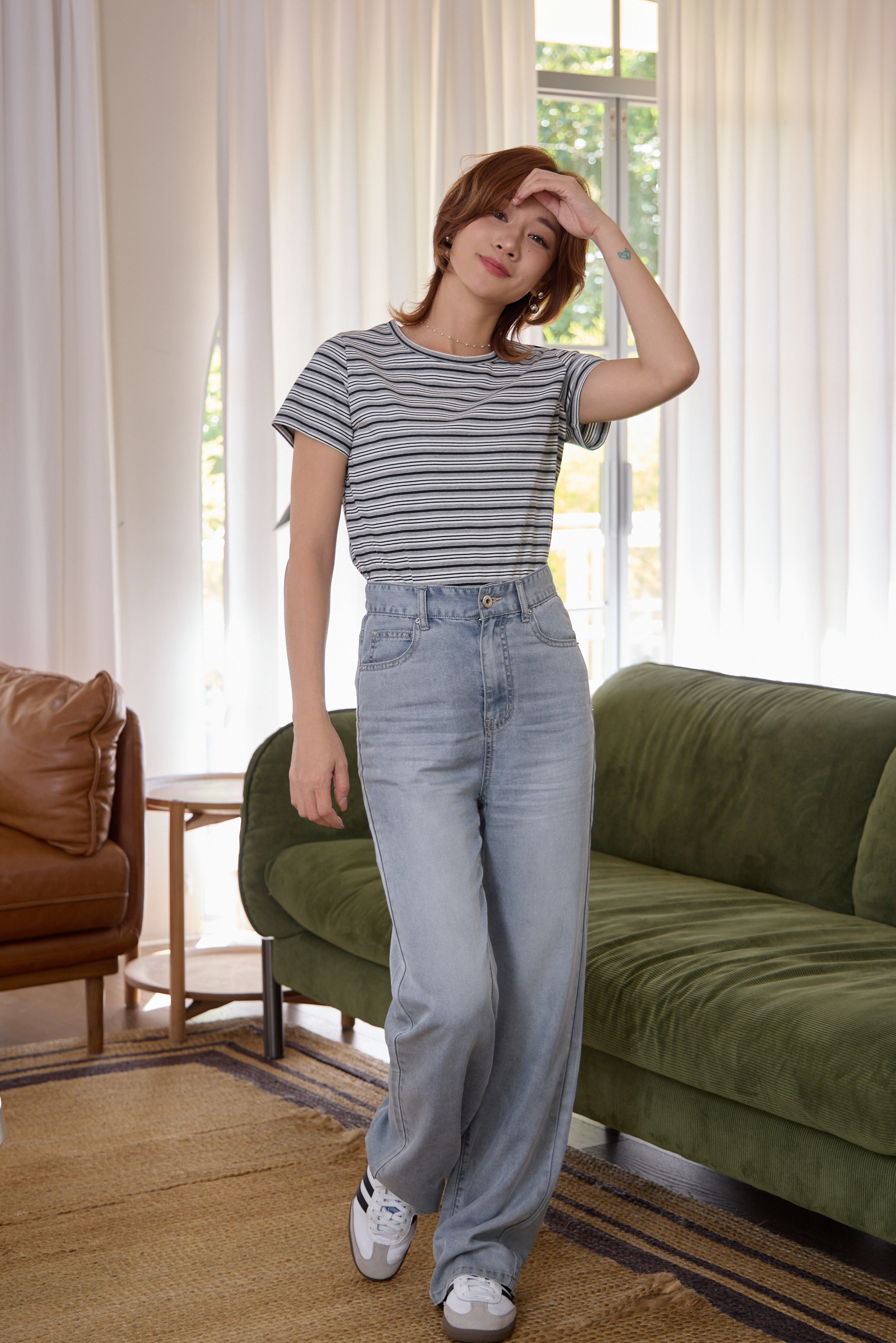 Gmade/加州步調 條紋正肩俐落挺版T-shirt-灰底黑條