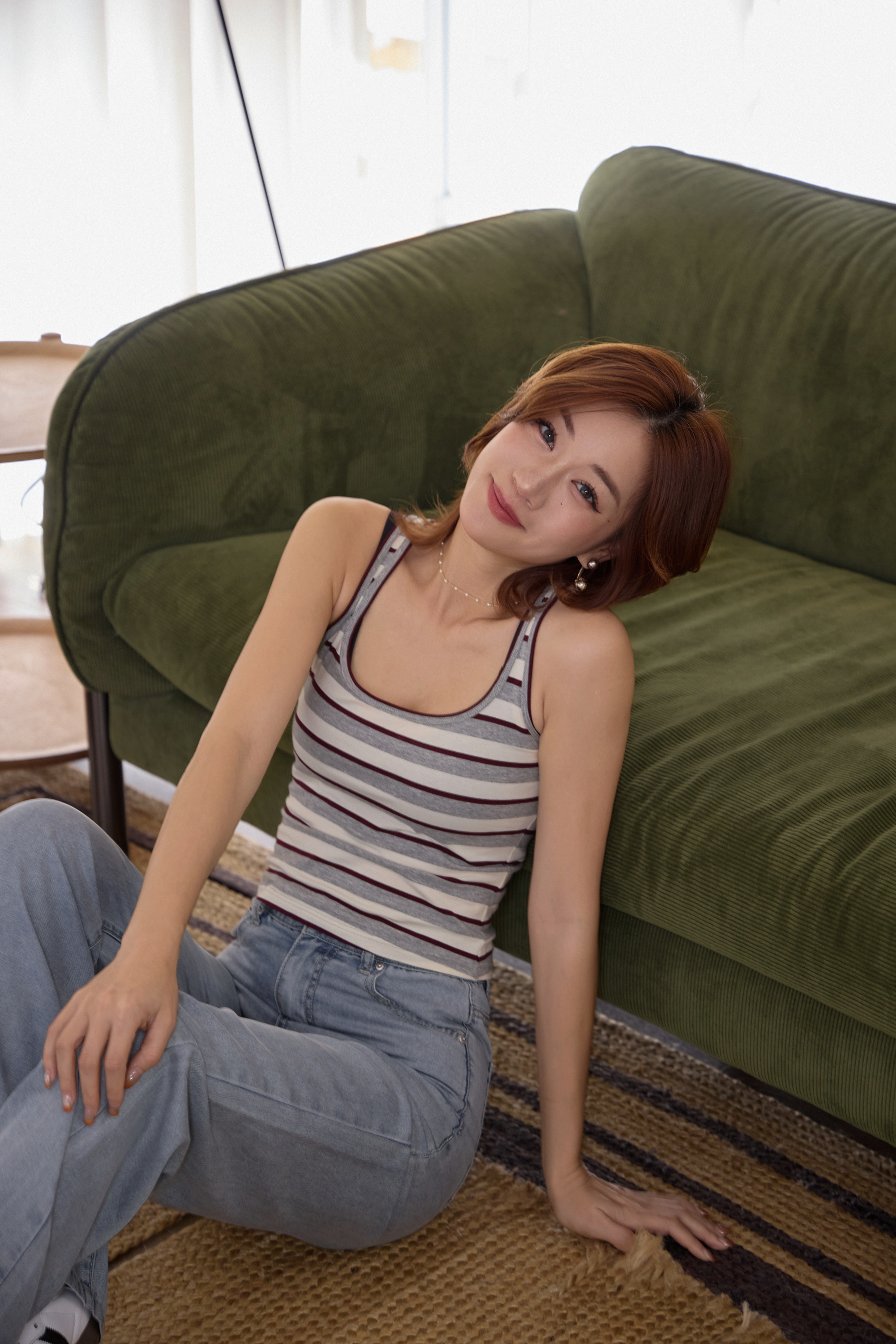 『最後現貨』Gmade/加州步調 U領遮副乳條紋背心-酒紅灰條