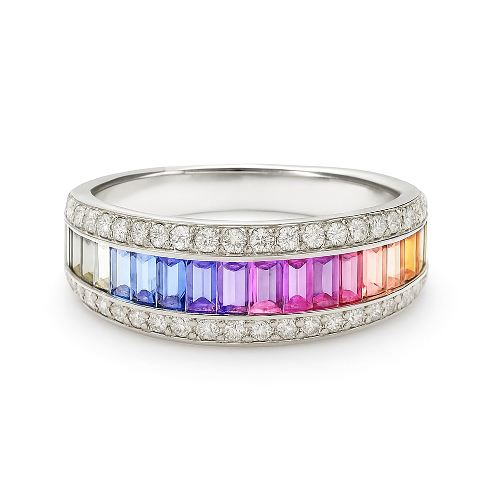 18K白金天然鑽石彩色藍寶石戒指