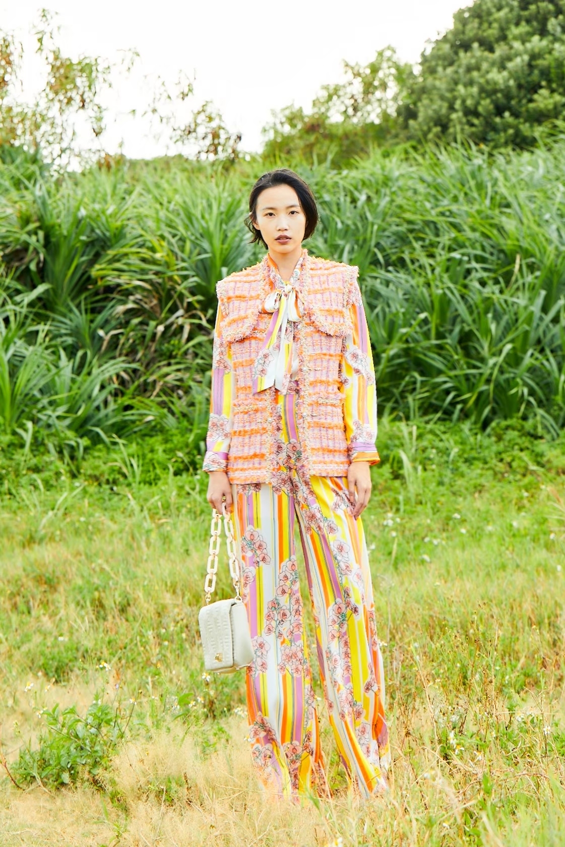 BC1EA023B1 陽光花園粉桔花條直筒垂長寬褲