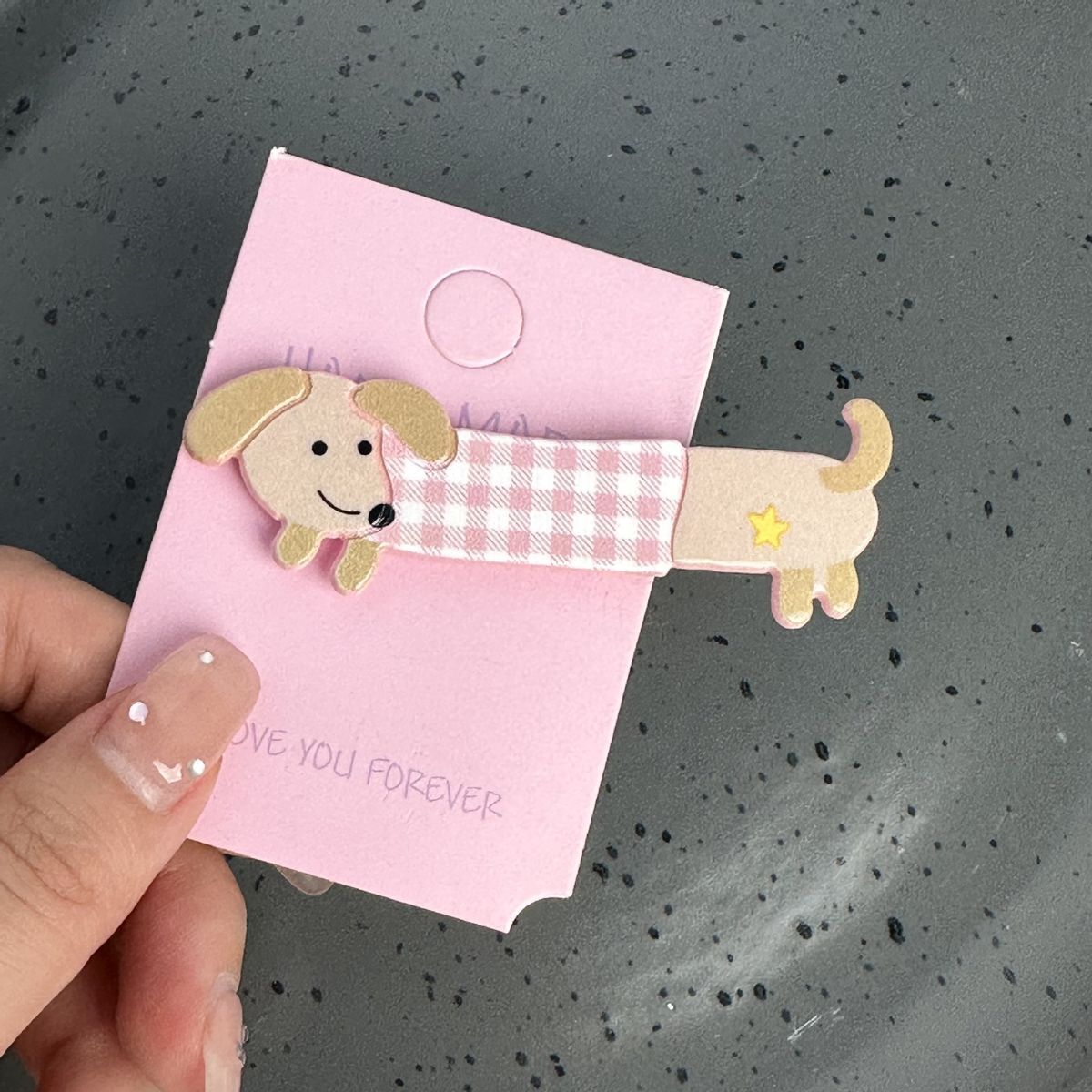 #N/A - 卡通狗狗圖案 甜美少女髮夾 (粉色格紋)