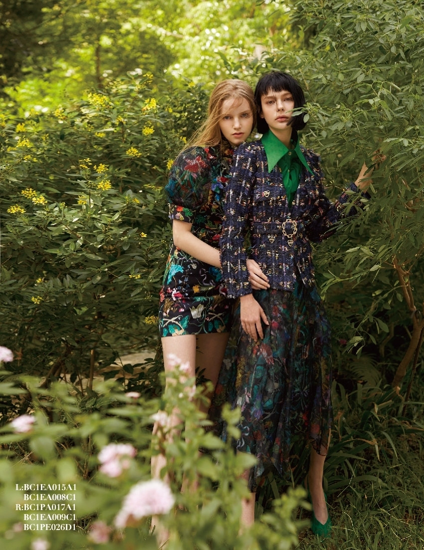 BC1EA009C1 異國花園雙層印花烏干紗長裙