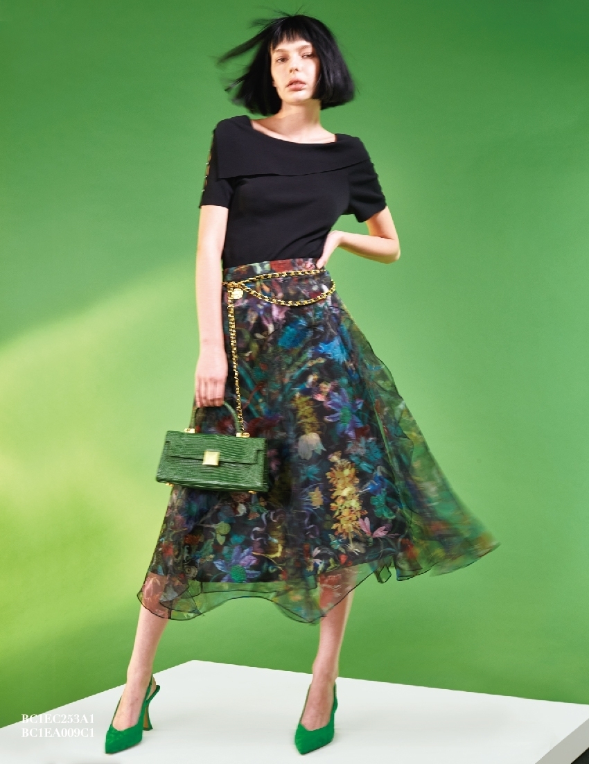 BC1EA009C1 異國花園雙層印花烏干紗長裙