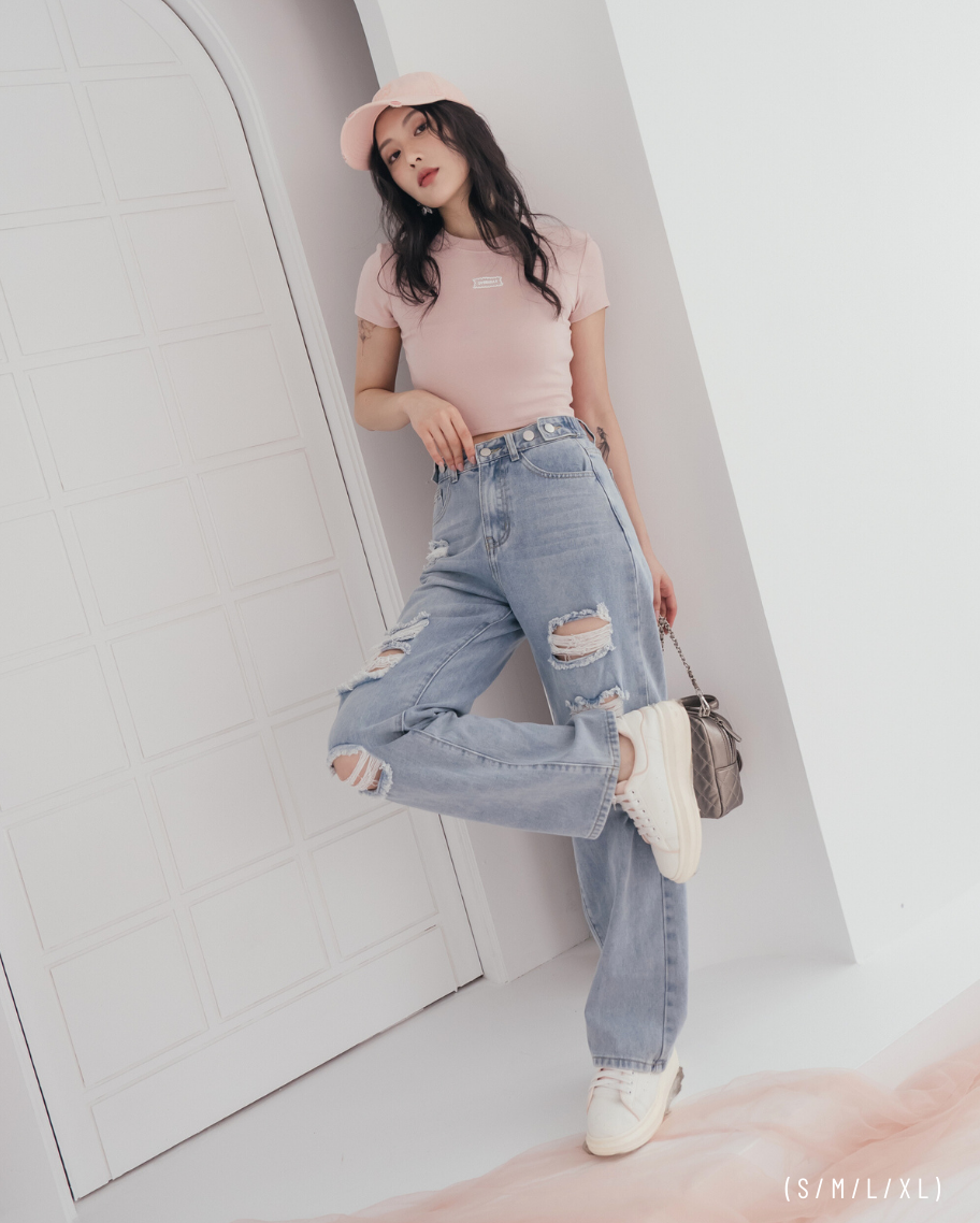 側腰調節顯瘦刷破錐形褲