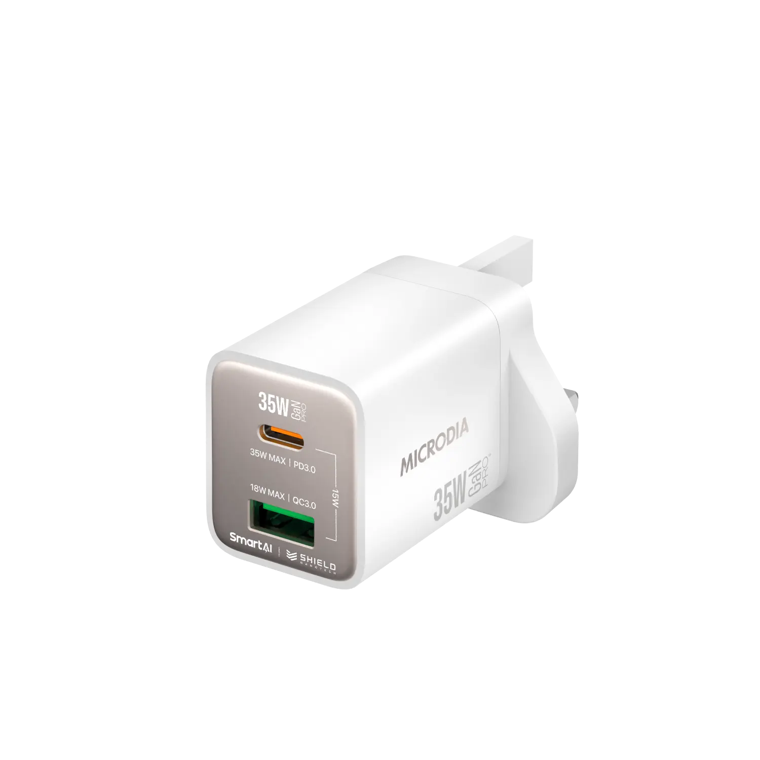 MICRODIA SMARTCube™ Nano 35W GaN Pro 壁式充電器，雙端口，USB-C PD3.0 + USB-A QC3.0