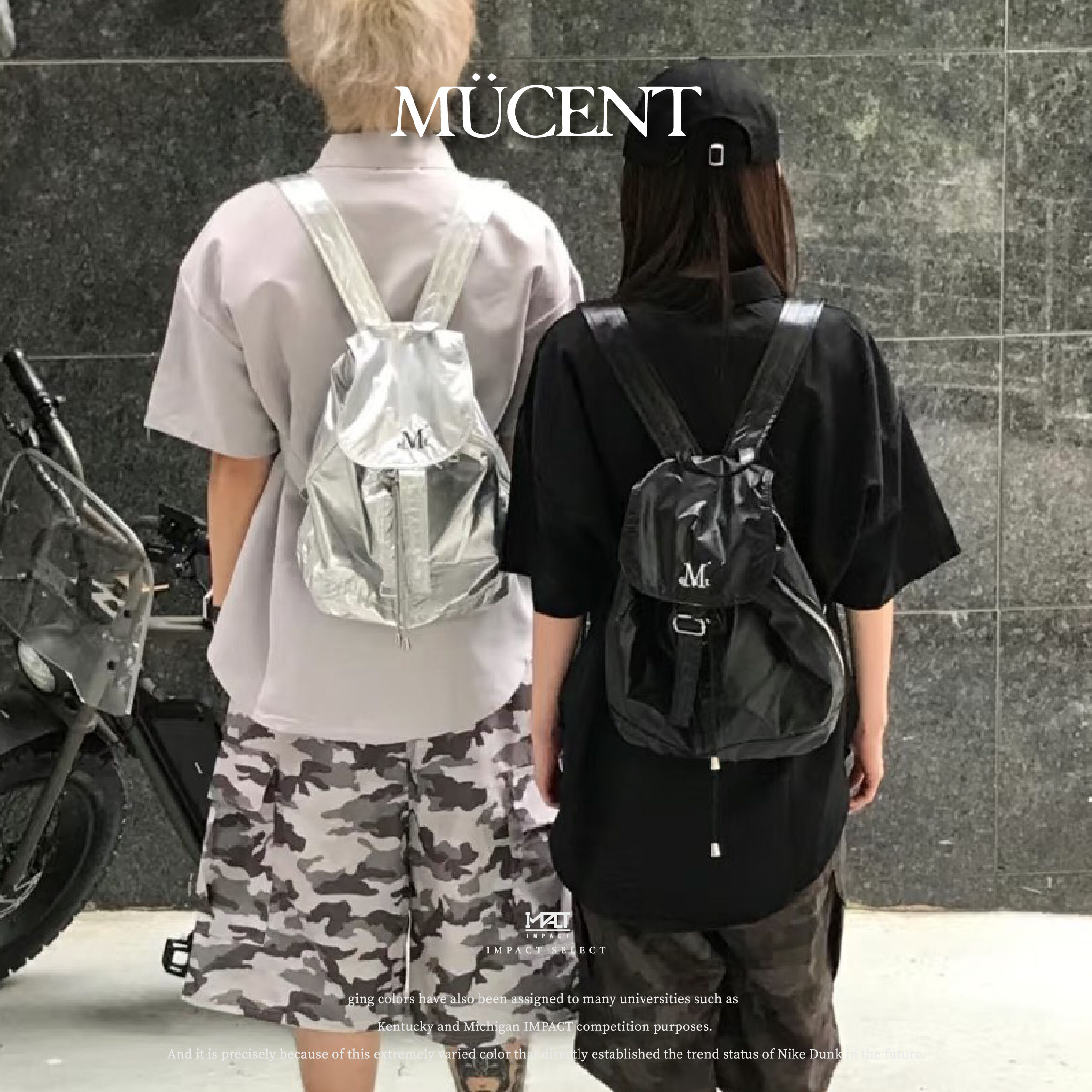 Mucent Swan Glossy Backpack Unisex 韓國代購 漆皮光面 抽繩 迷你 雙肩包  銀/ 黑