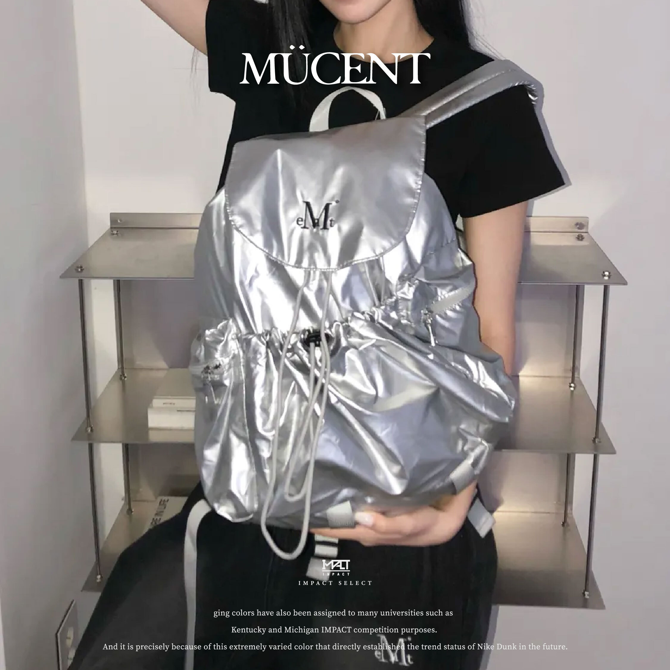 Mucent Swan Glossy Backpack Unisex 韓國代購 漆皮光面 抽繩 迷你 雙肩包  銀/ 黑