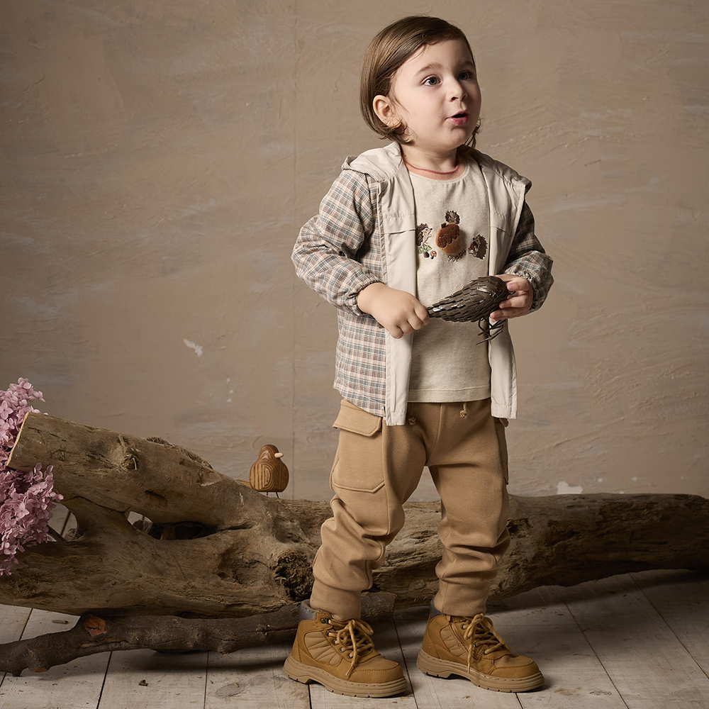 PIPPY 拼接布褲管大口袋縮口長褲 卡其