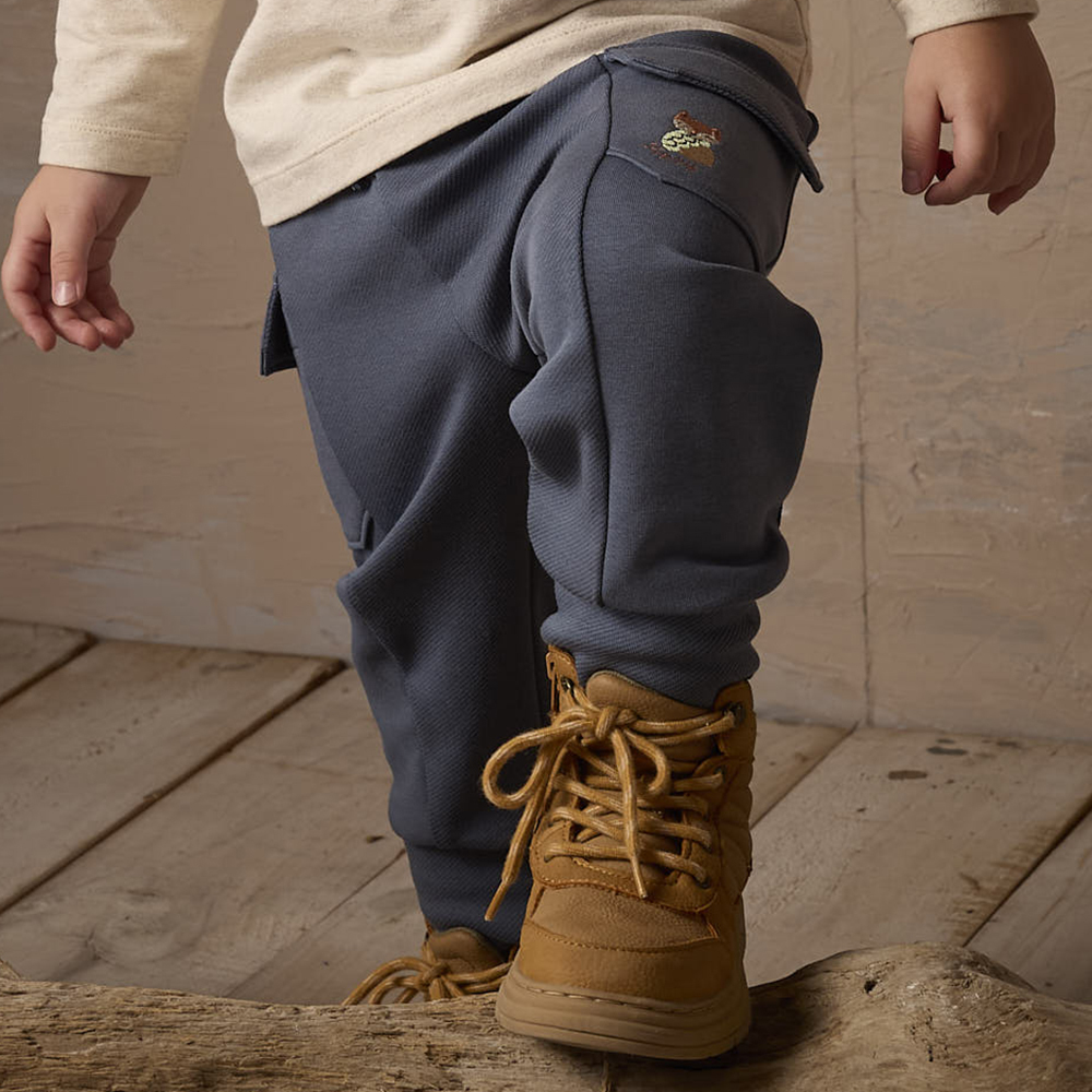 PIPPY 拼接布褲管大口袋縮口長褲 藍