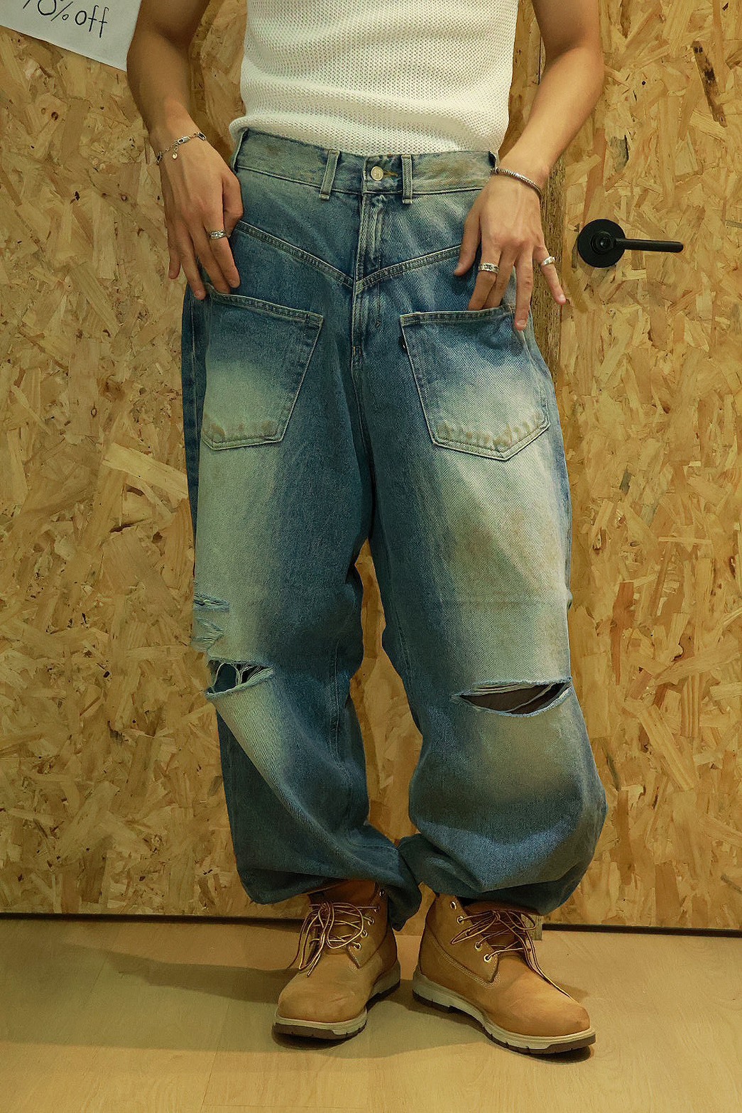 設計感 雙口袋 正面 釦子 破壞 #牛仔褲