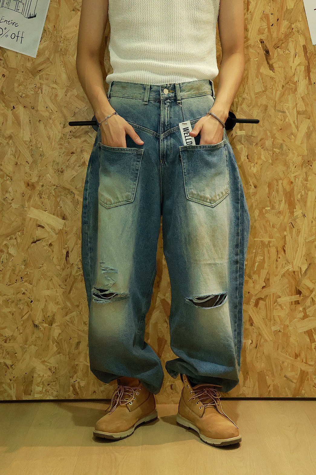 設計感 雙口袋 正面 釦子 破壞 #牛仔褲