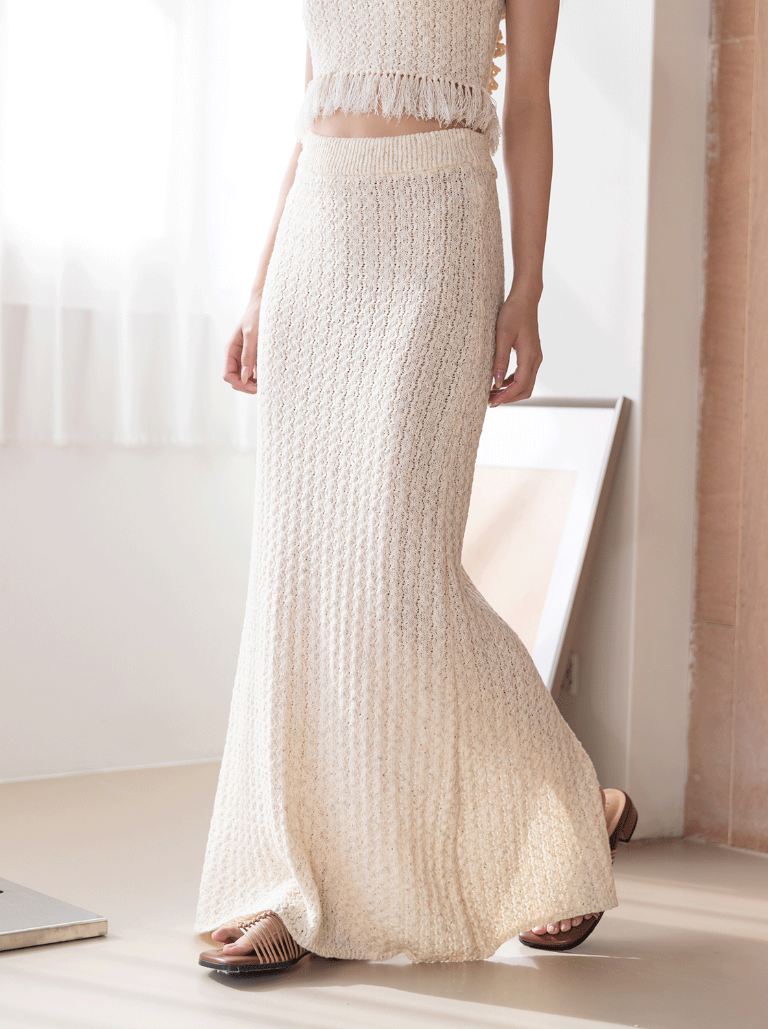 度假顯瘦毛織後開叉長裙