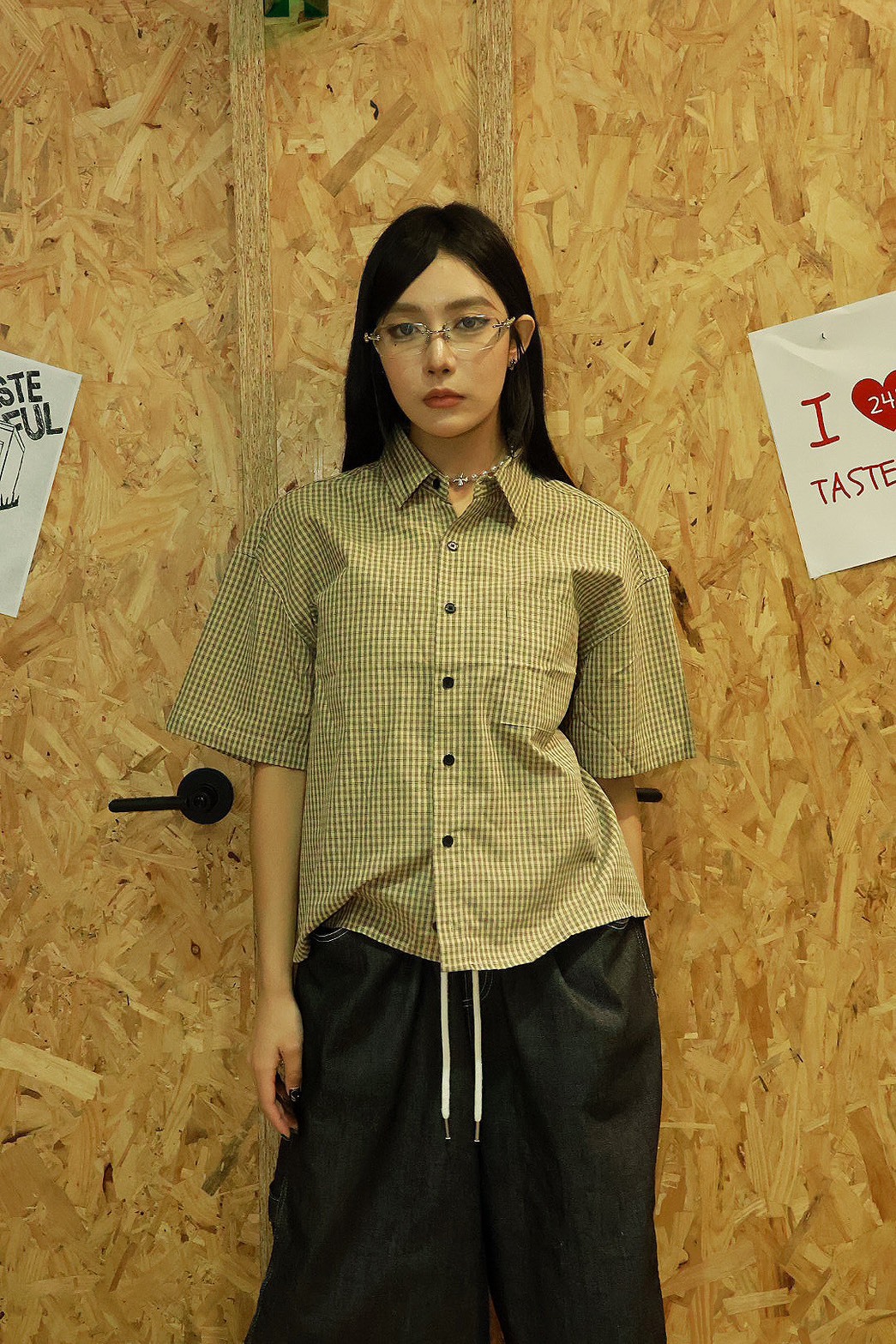 格子 寬短版 短袖 #襯衫