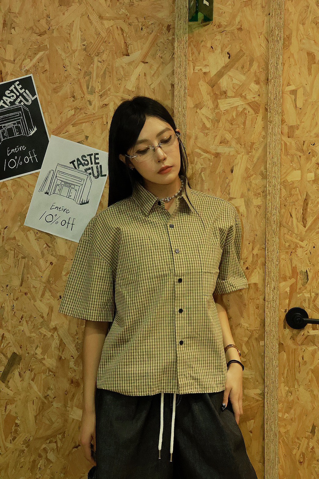 格子 寬短版 短袖 #襯衫