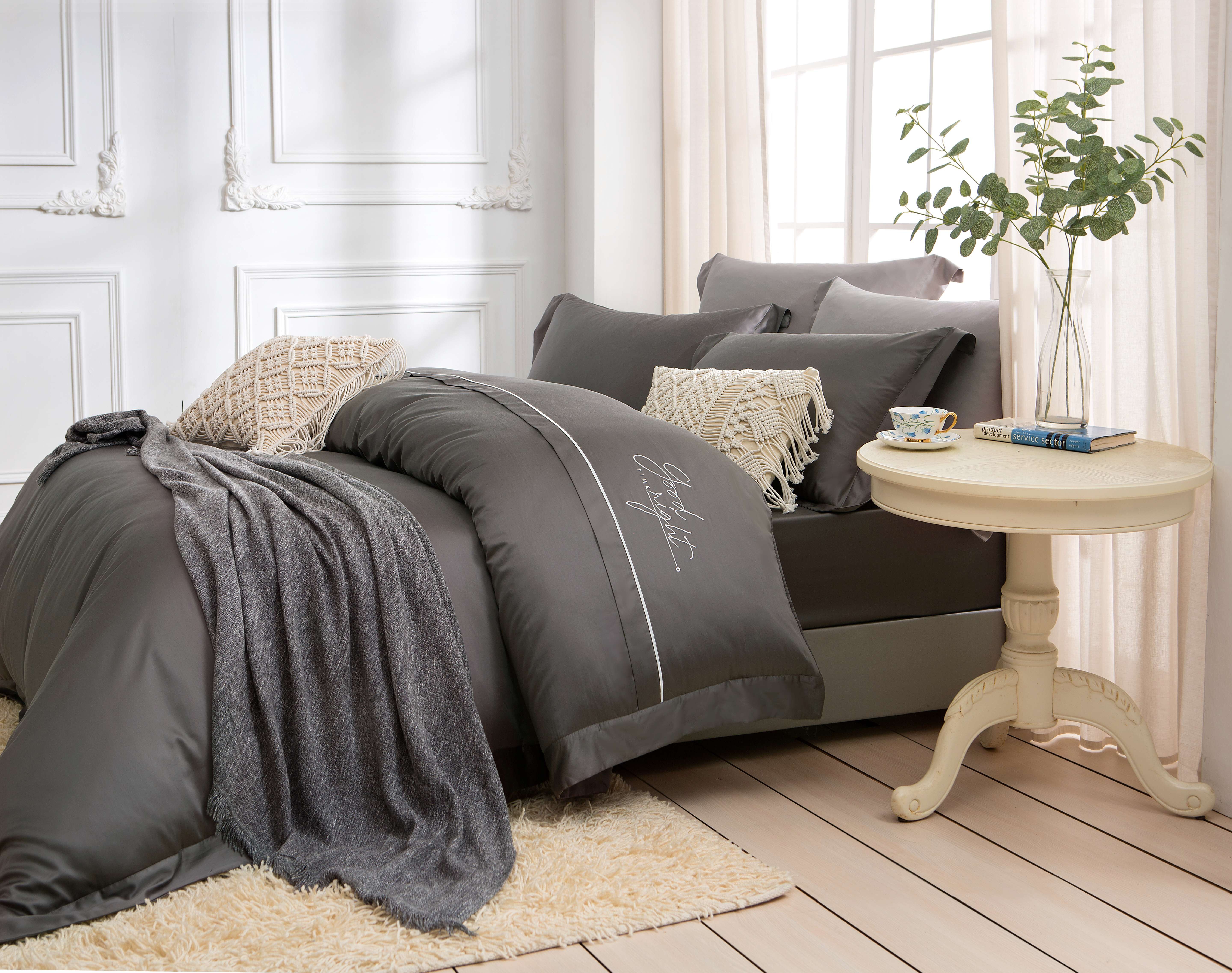 【床包界精品】120支天絲棉刺繡翅膀款【添加長絨棉】月宿灰(有單人)